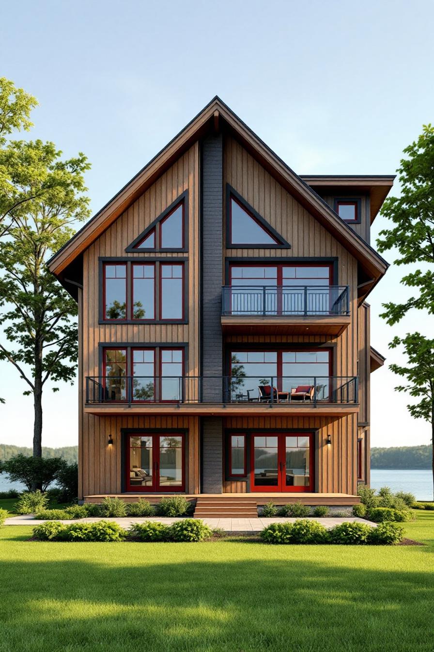 Modern wooden house with large windows and a triangular roof