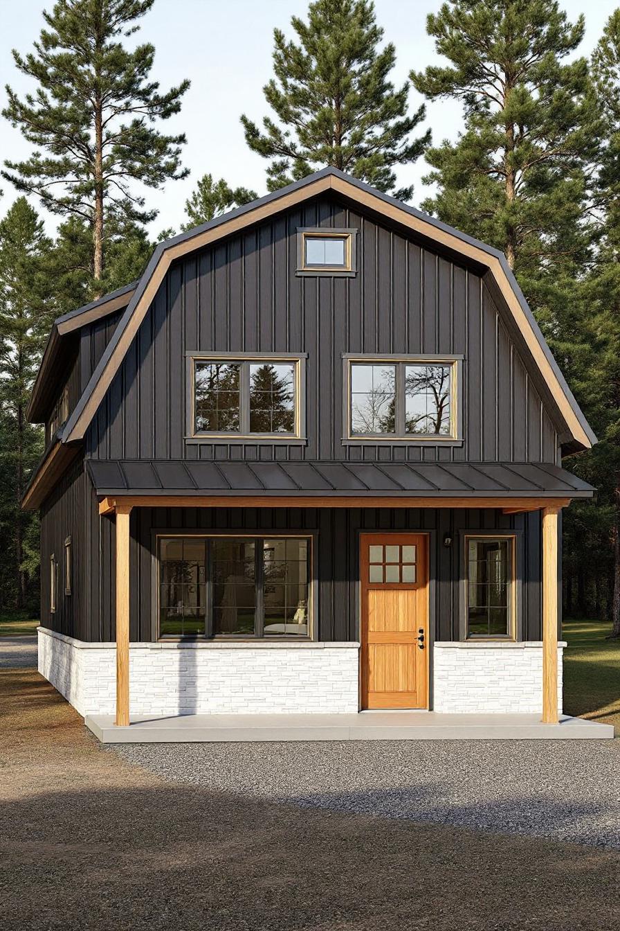 Compact barndominium with dark cladding in a forest setting