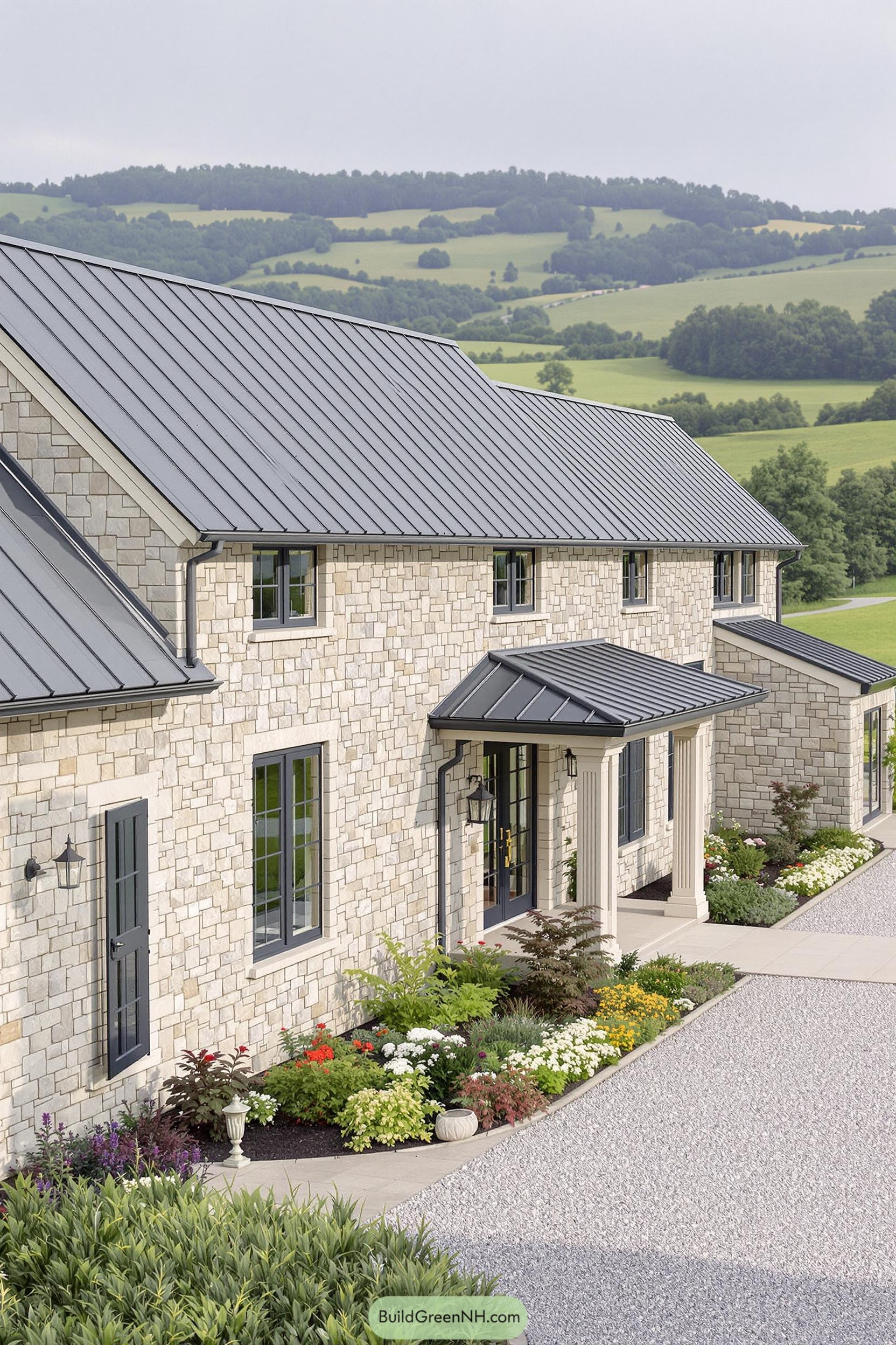 Stone farmhouse with lush gardens and a sleek roof