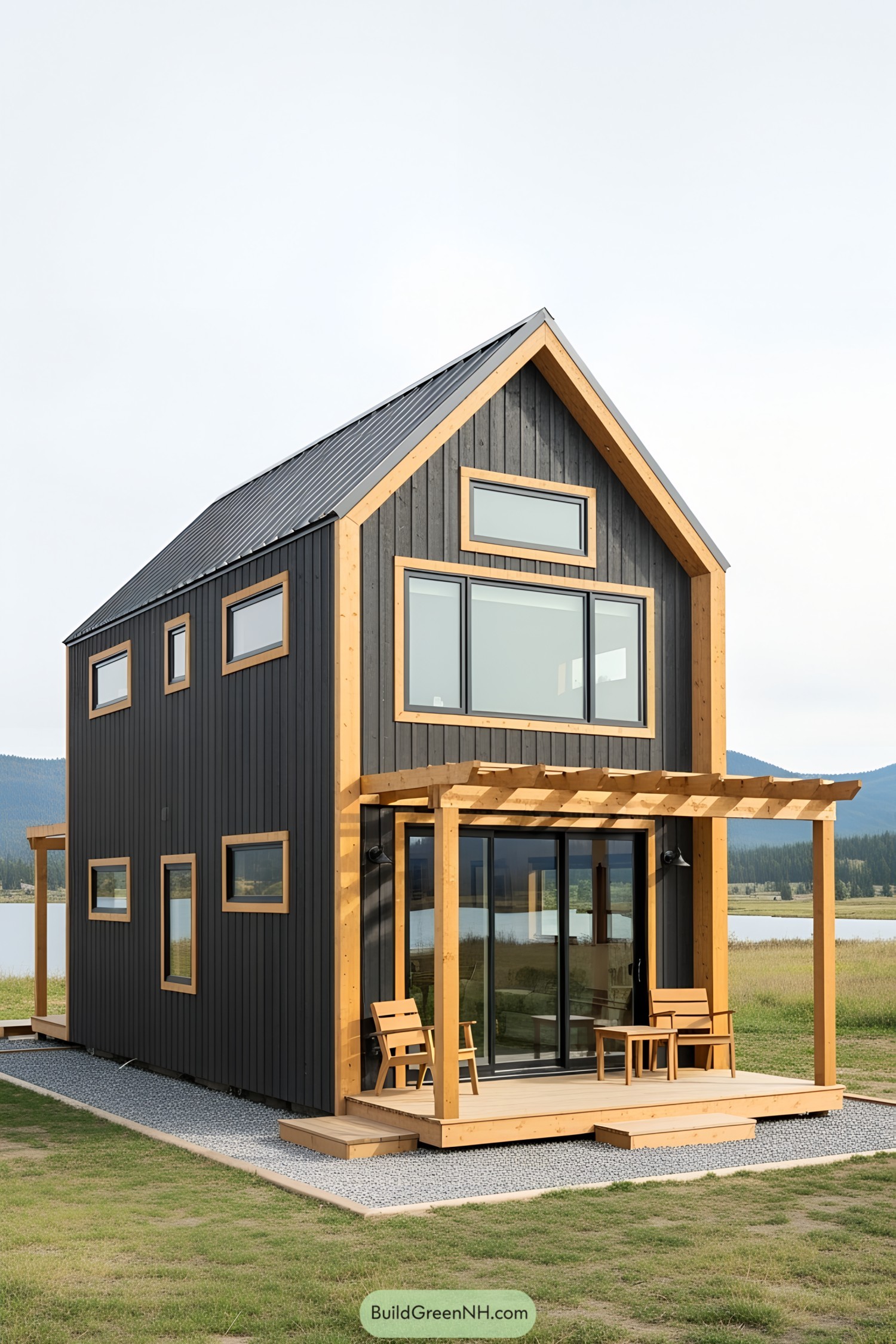 Compact modern house with timber accents and ample windows
