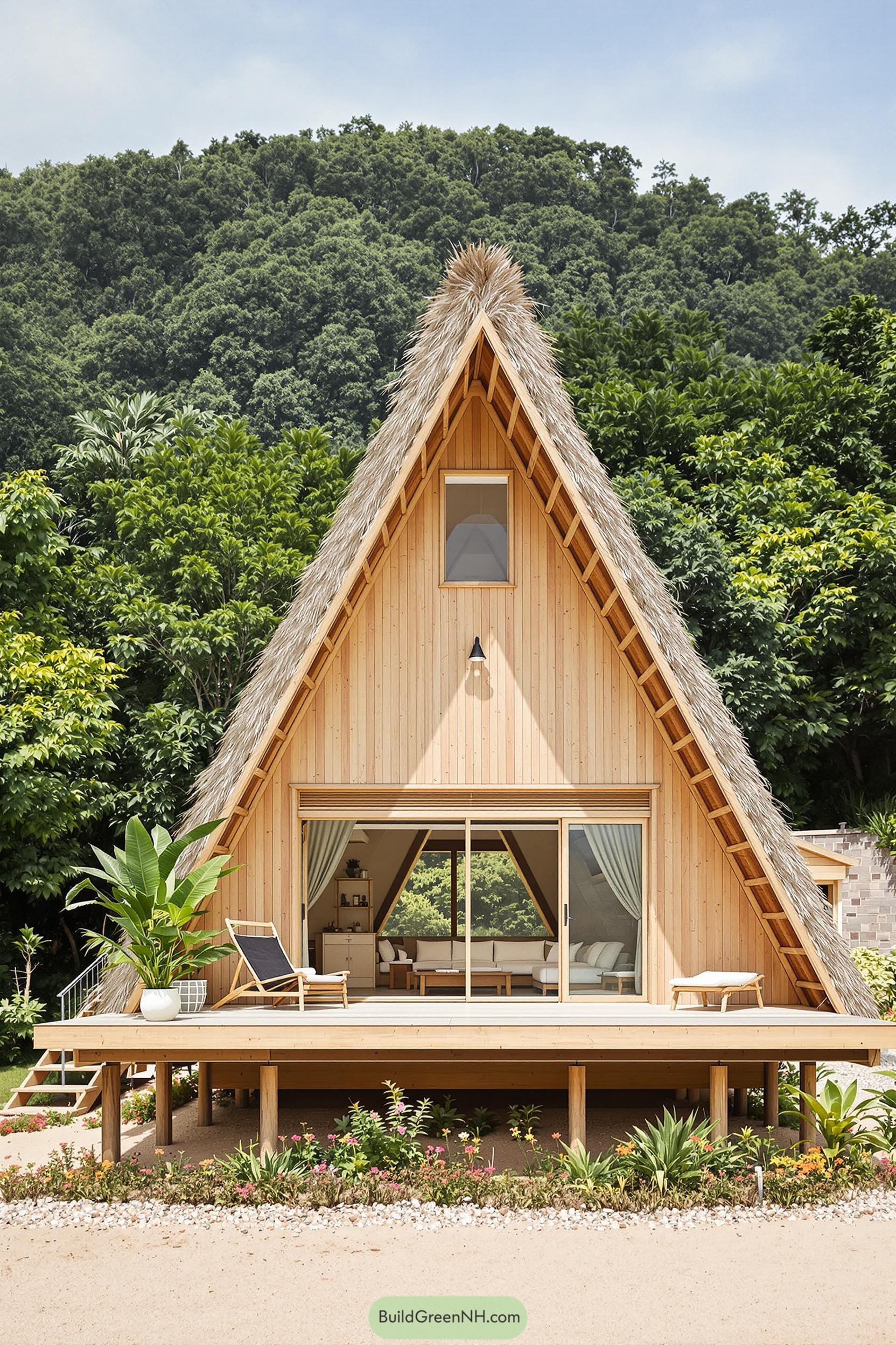 A-frame cabana with thatched roof in a lush setting