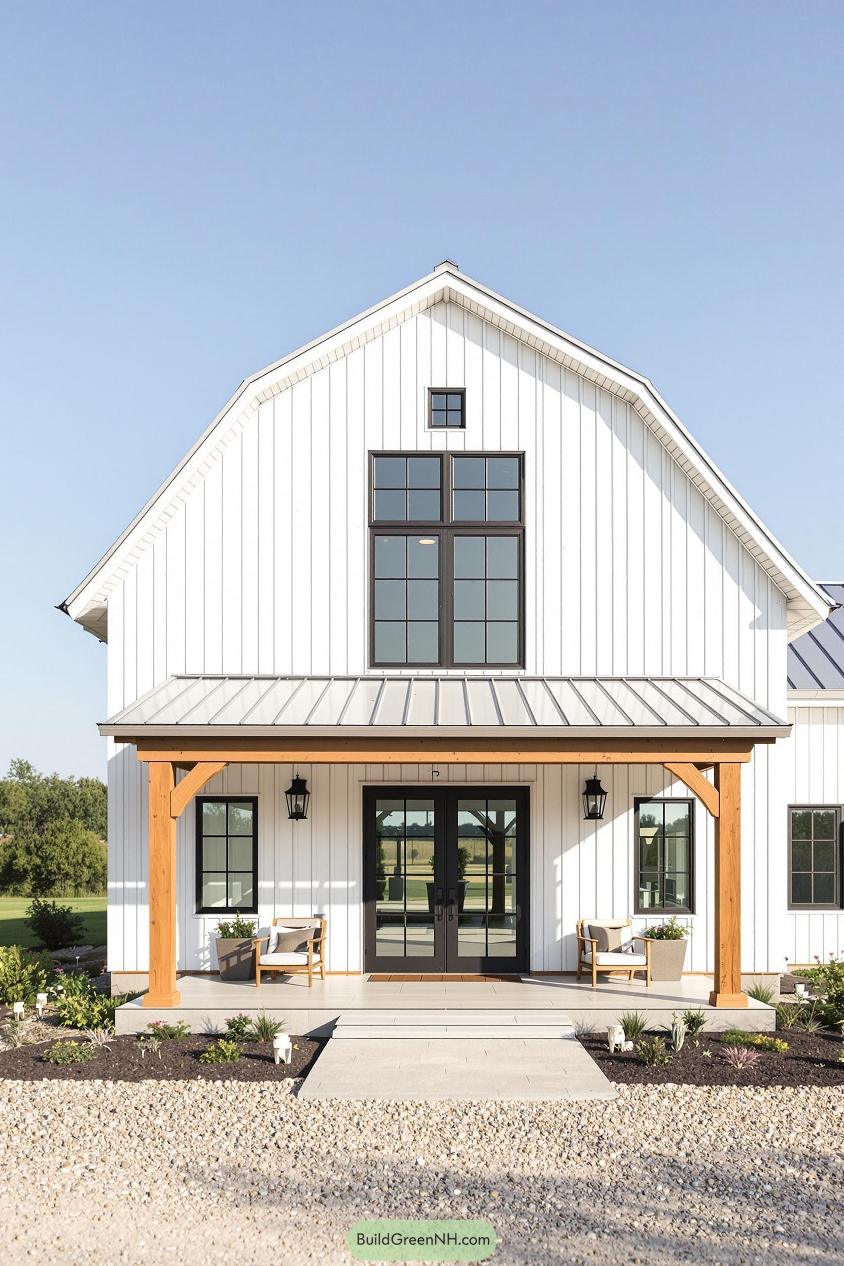 Tasteful white barndominium with warm wooden accents