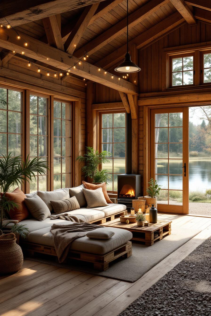 Warm farmhouse living room with a wood-burning stove and large windows