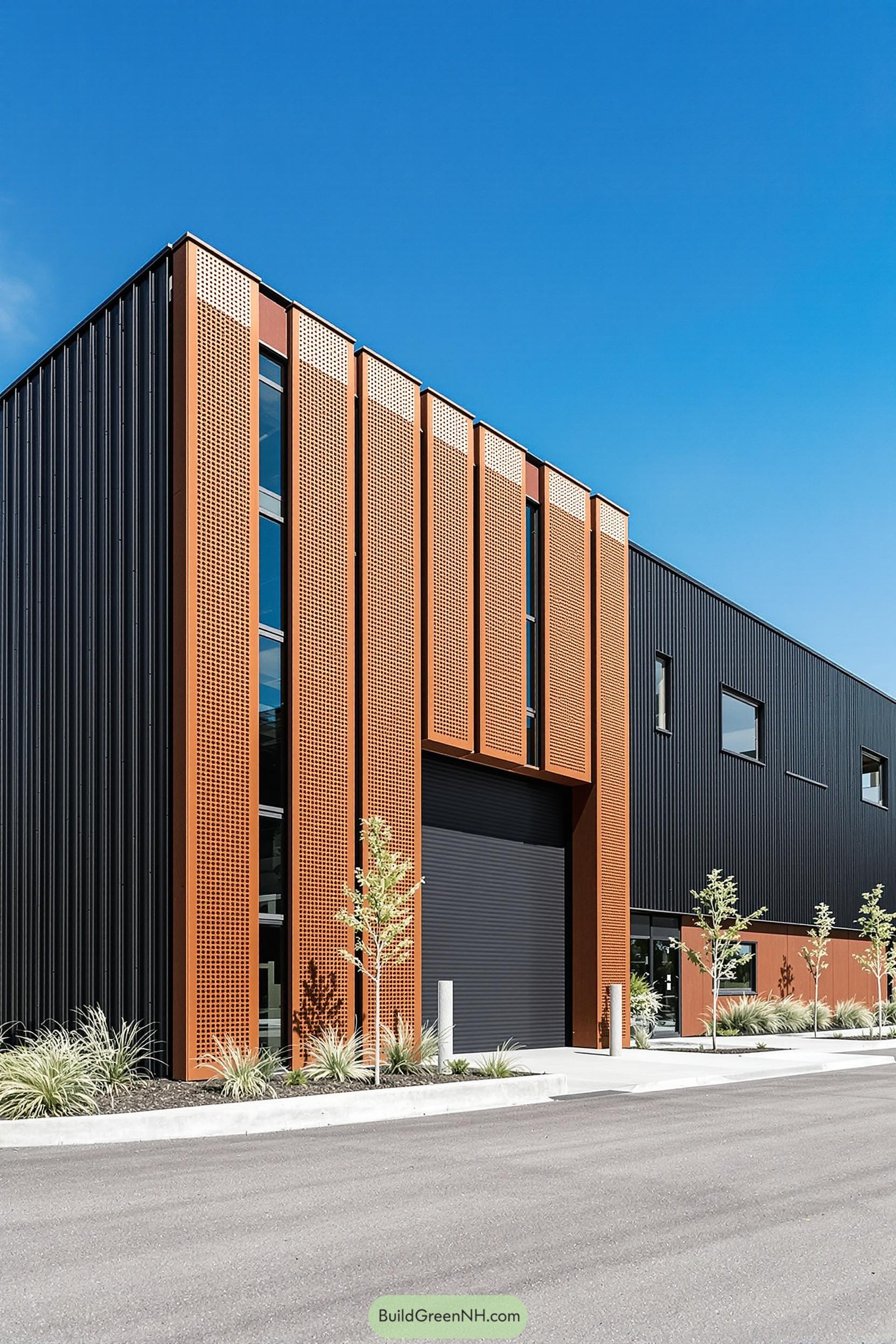 Orange and black industrial building facade
