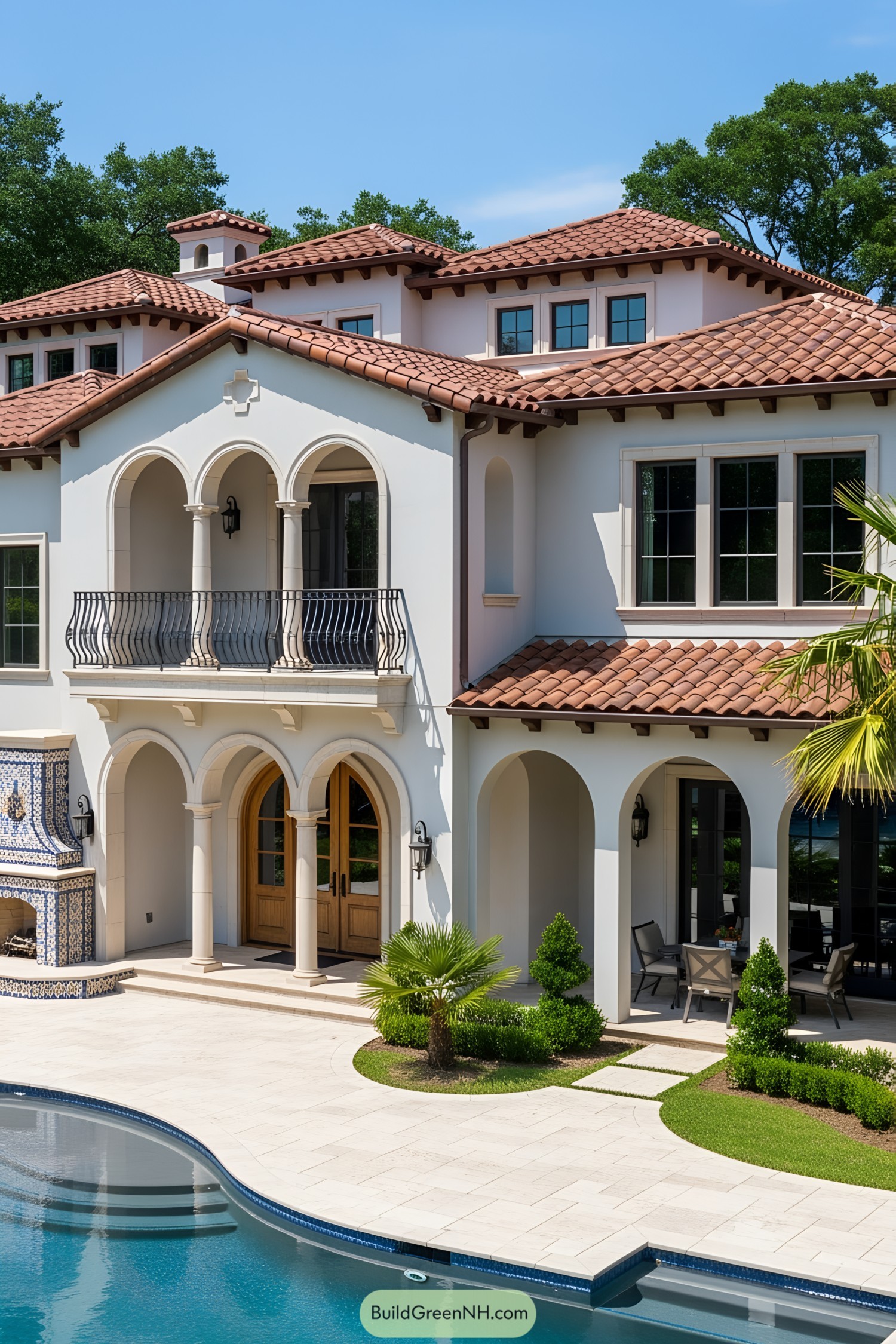 Luxurious villa with elegant arches and lush surroundings