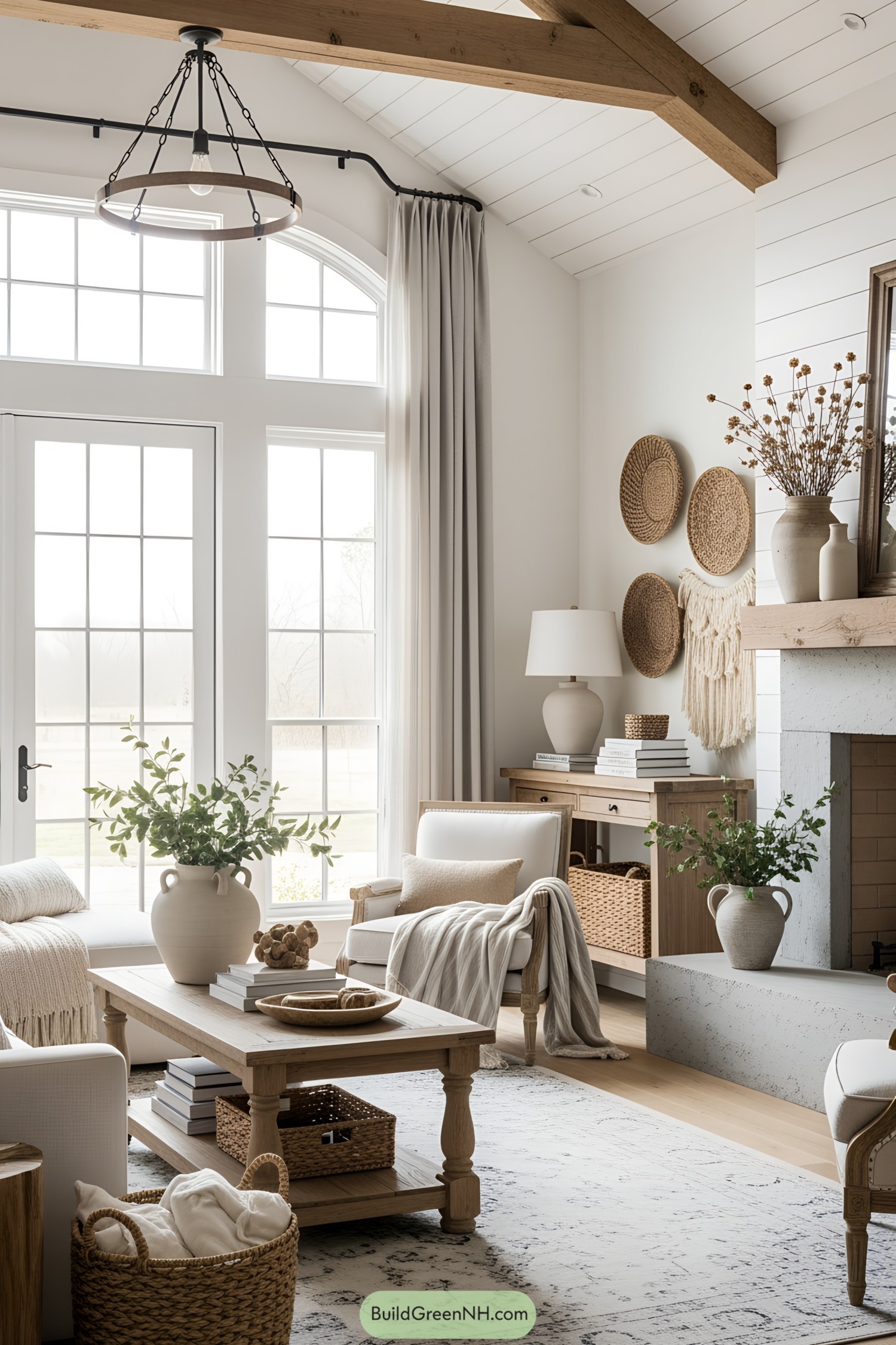 Cozy living room with natural elements and soft lighting