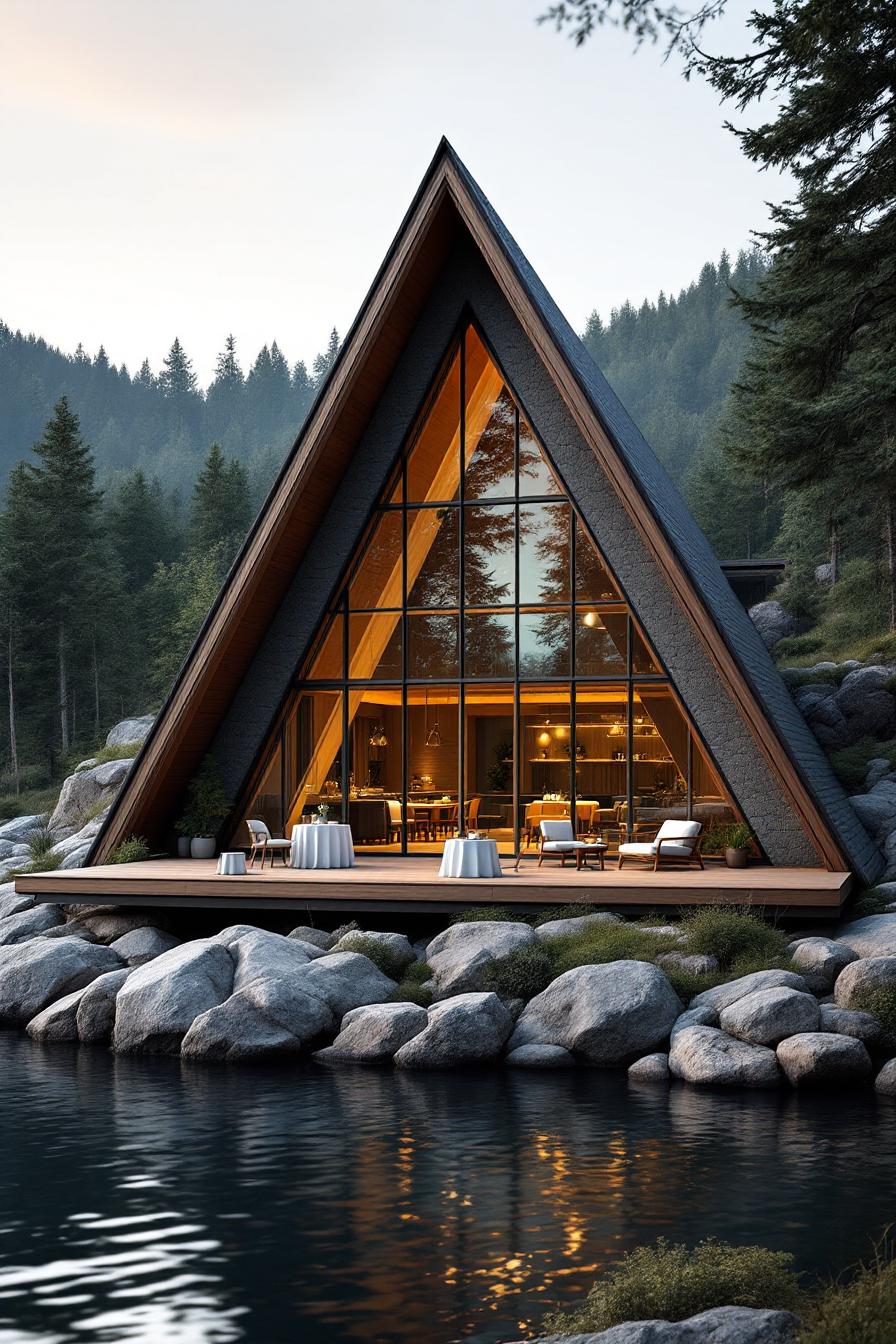 A-Frame Cabin with Glass Front by a Lake