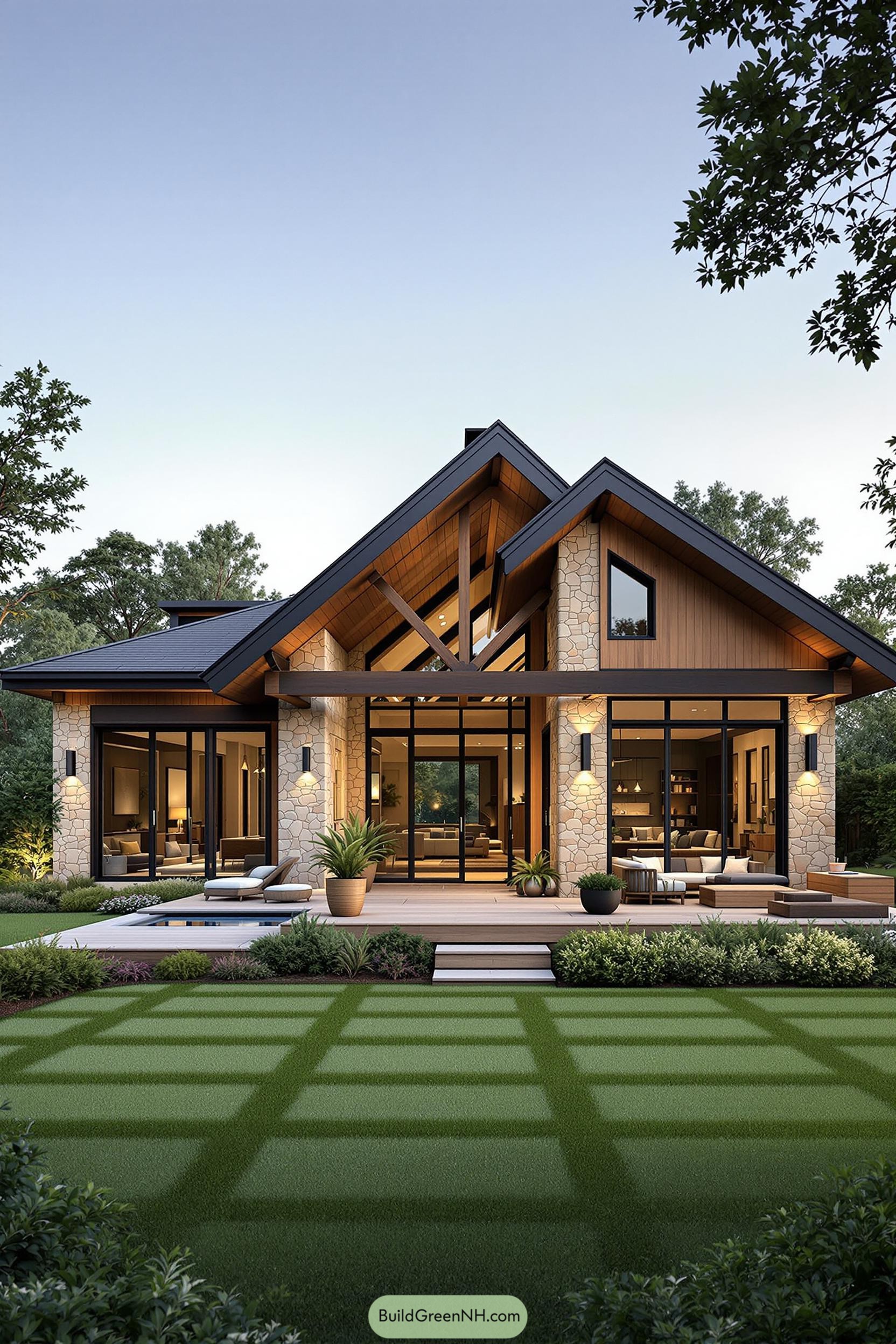Modern ranch house with large windows and stone accents