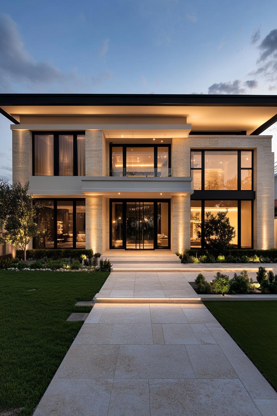 Luxury villa with illuminated facade at dusk