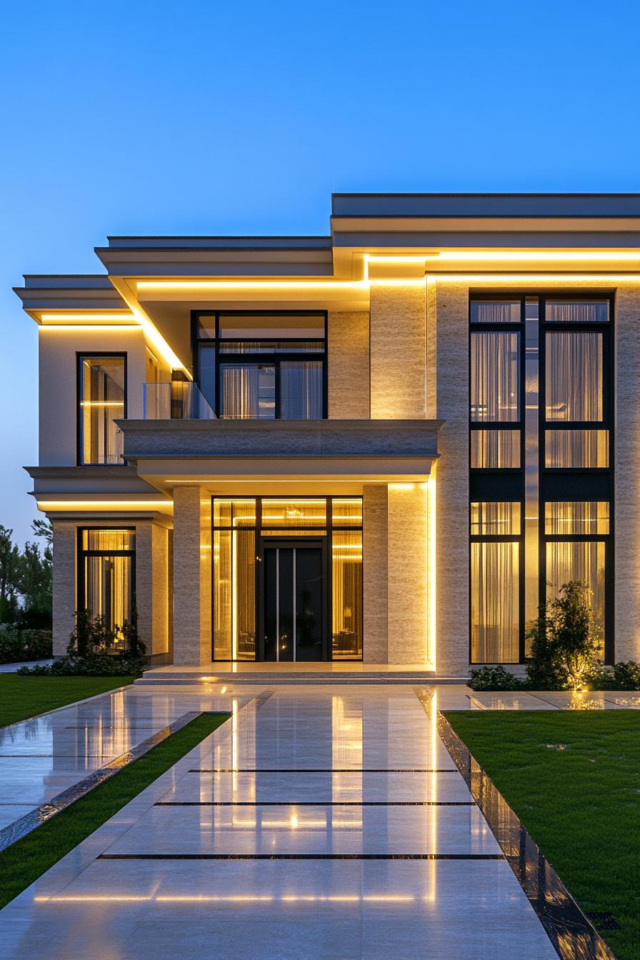 Modern villa with bright lights and large windows