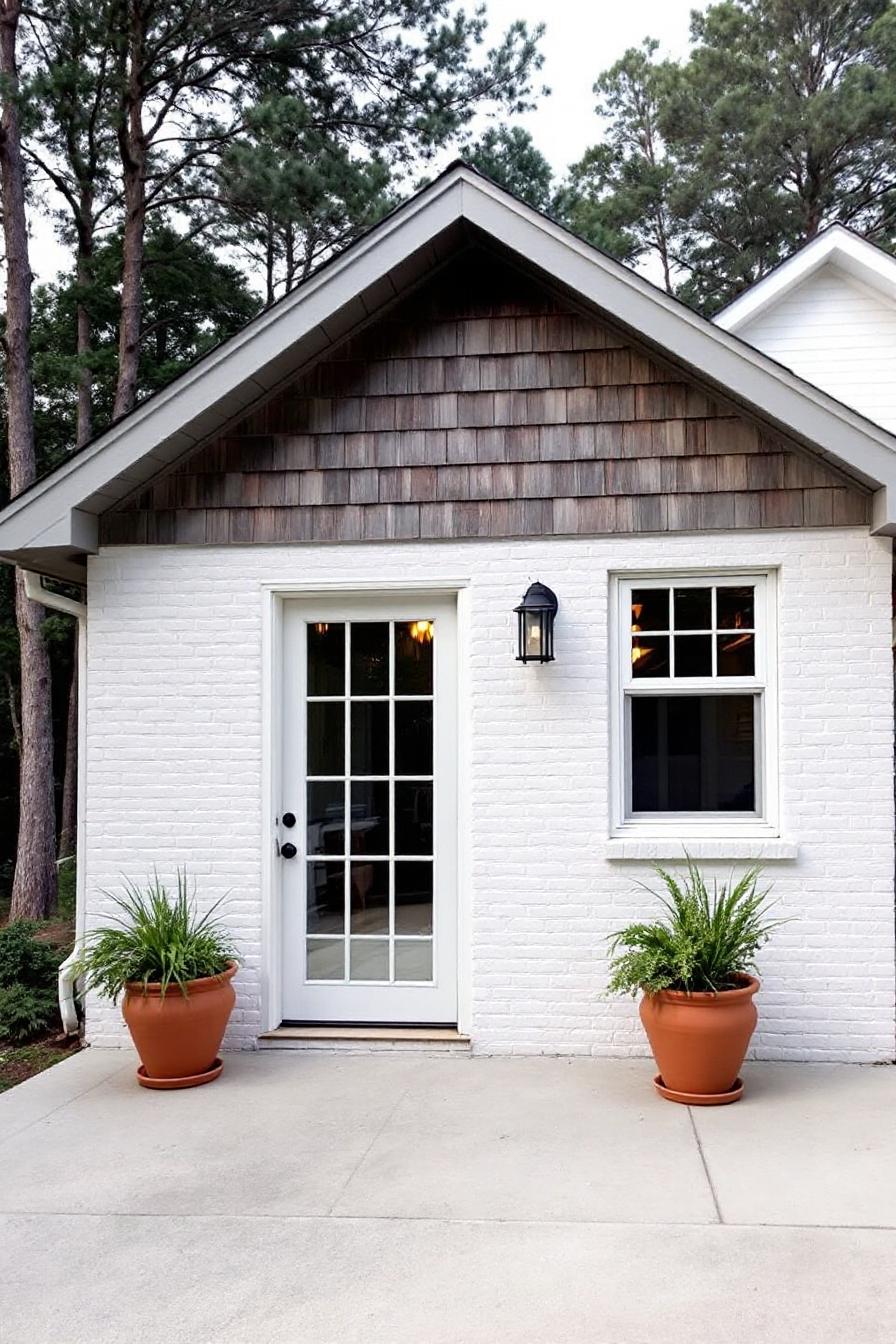 Front view of a white brick house with wooden accent