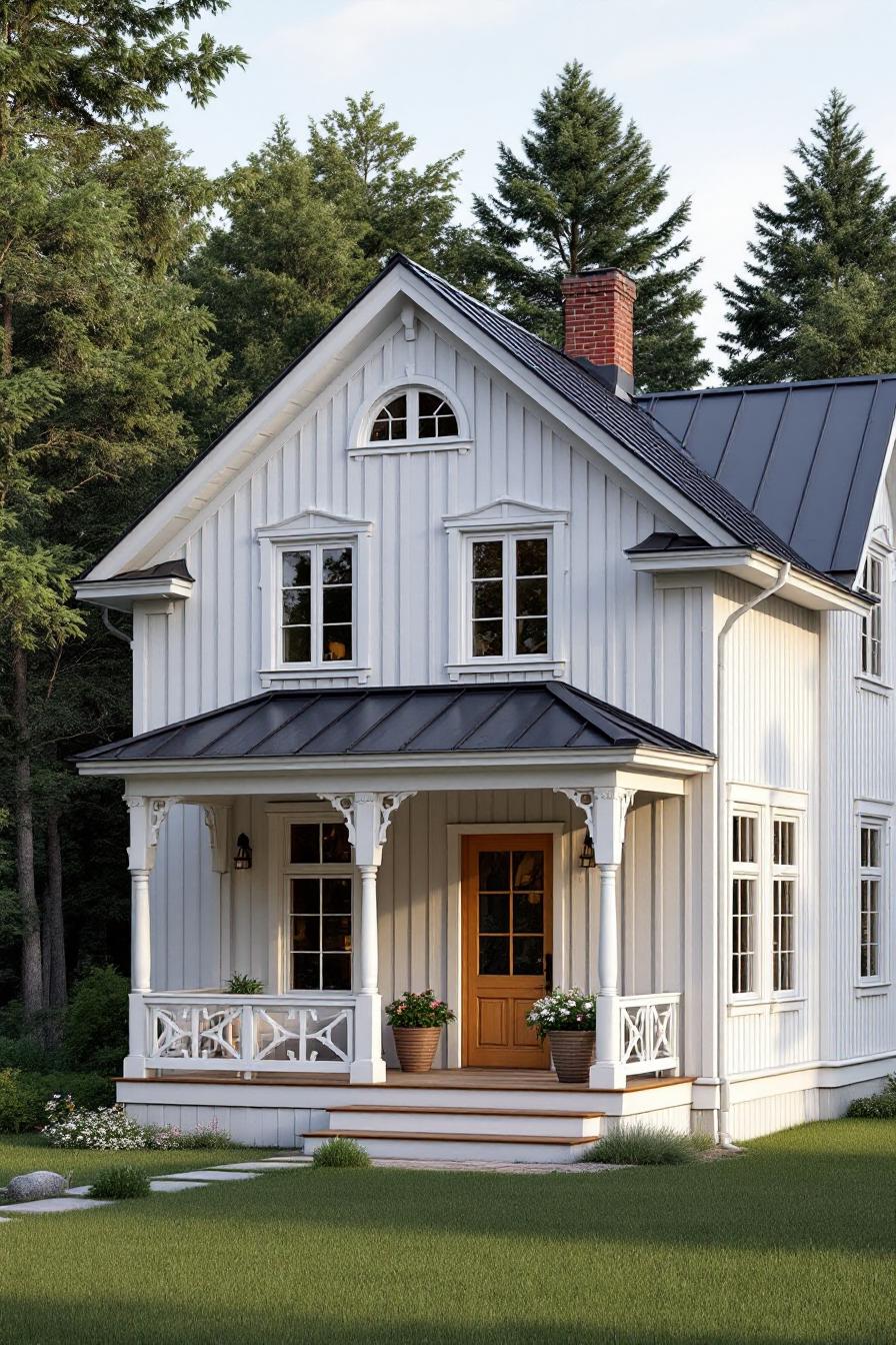 White wooden house with dark roof and charming porch