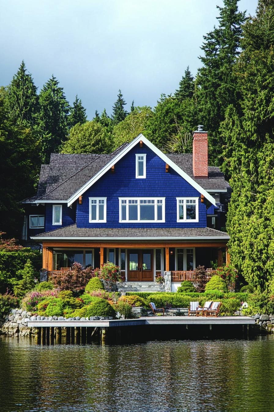A charming blue house with a porch by a lake surrounded by trees