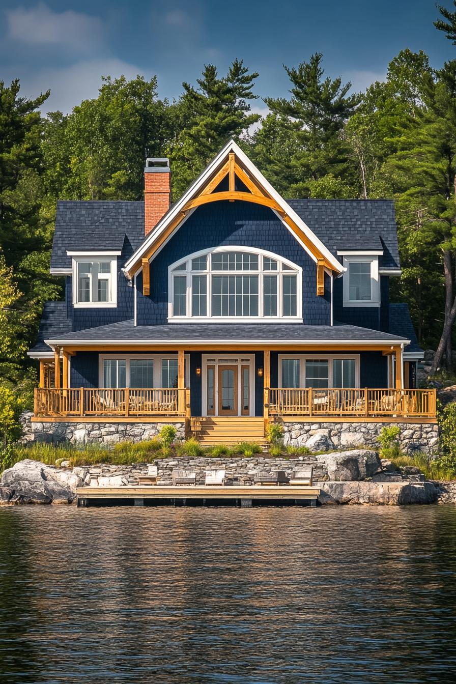 Two-story lake house with blue shingles and wood accents