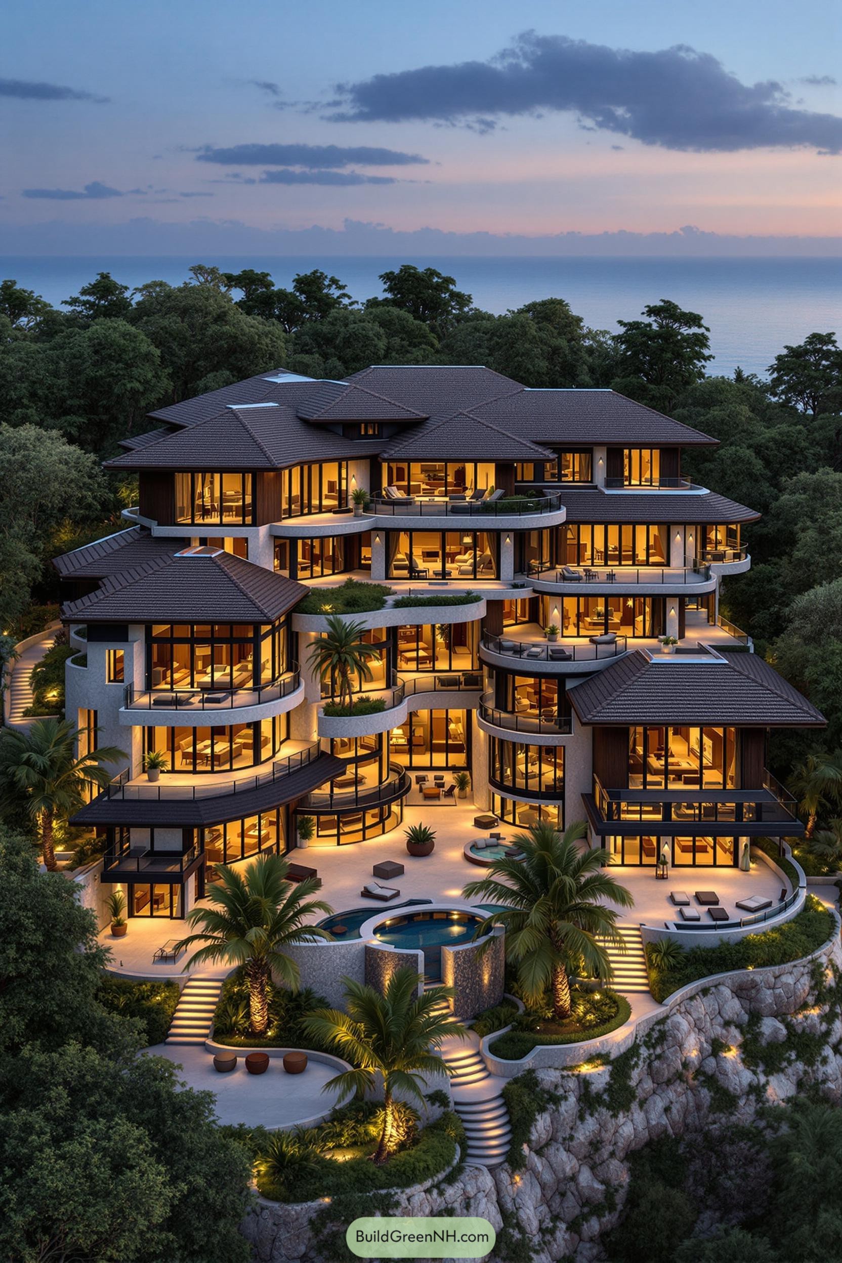 Luxury mansion with curved terraces and glowing windows by the sea