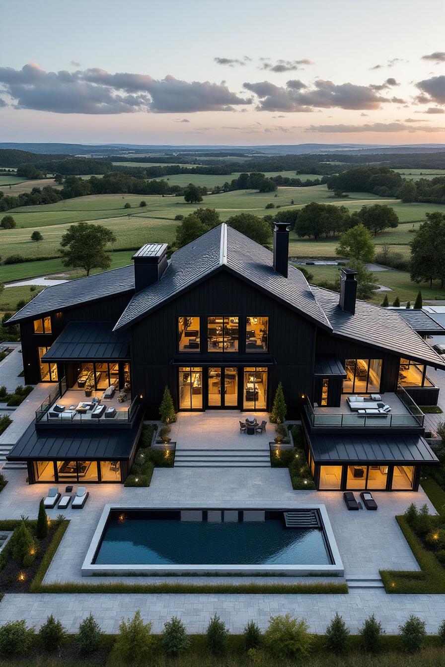 Modern barn-style home with a sleek design and pool