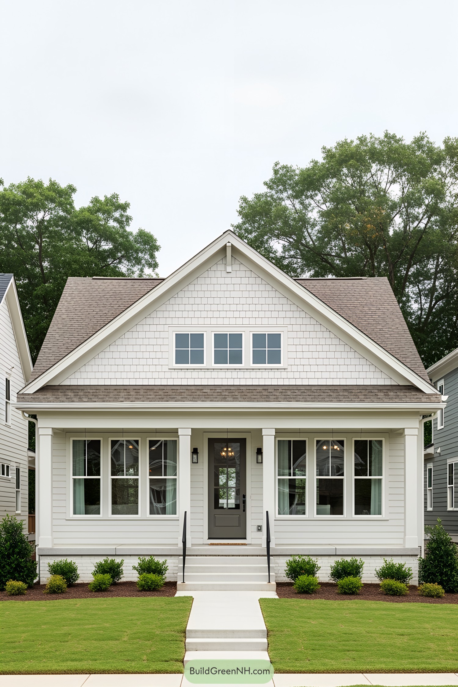 Compact bungalow with front porch and green lawn