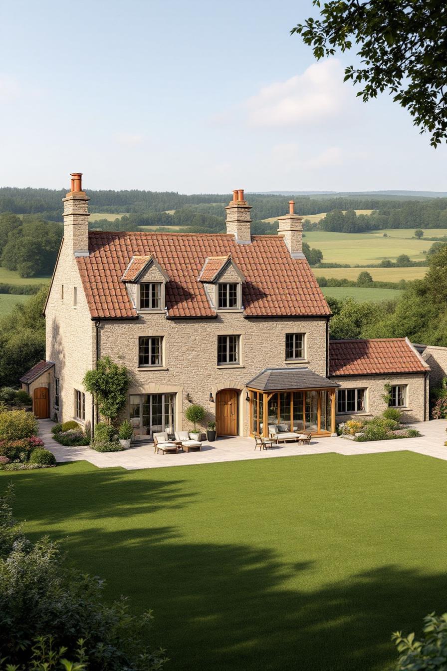 Charming cottage with red roof and lush garden