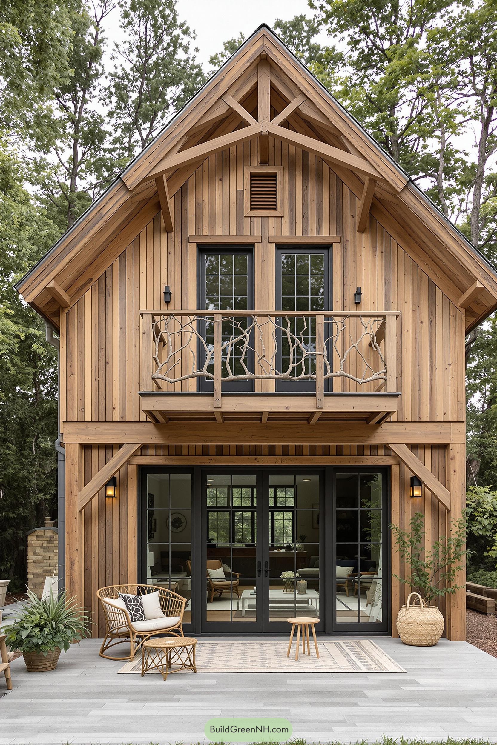 Small barn house with wooden balcony and double door entrance