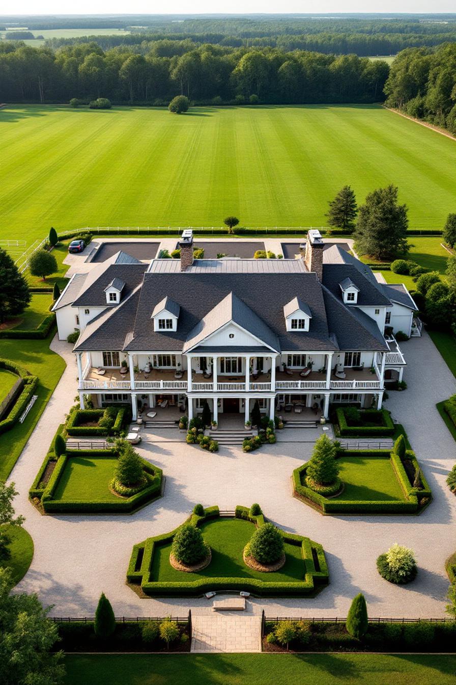 Aerial view of a grand estate with lush gardens and sprawling lawns