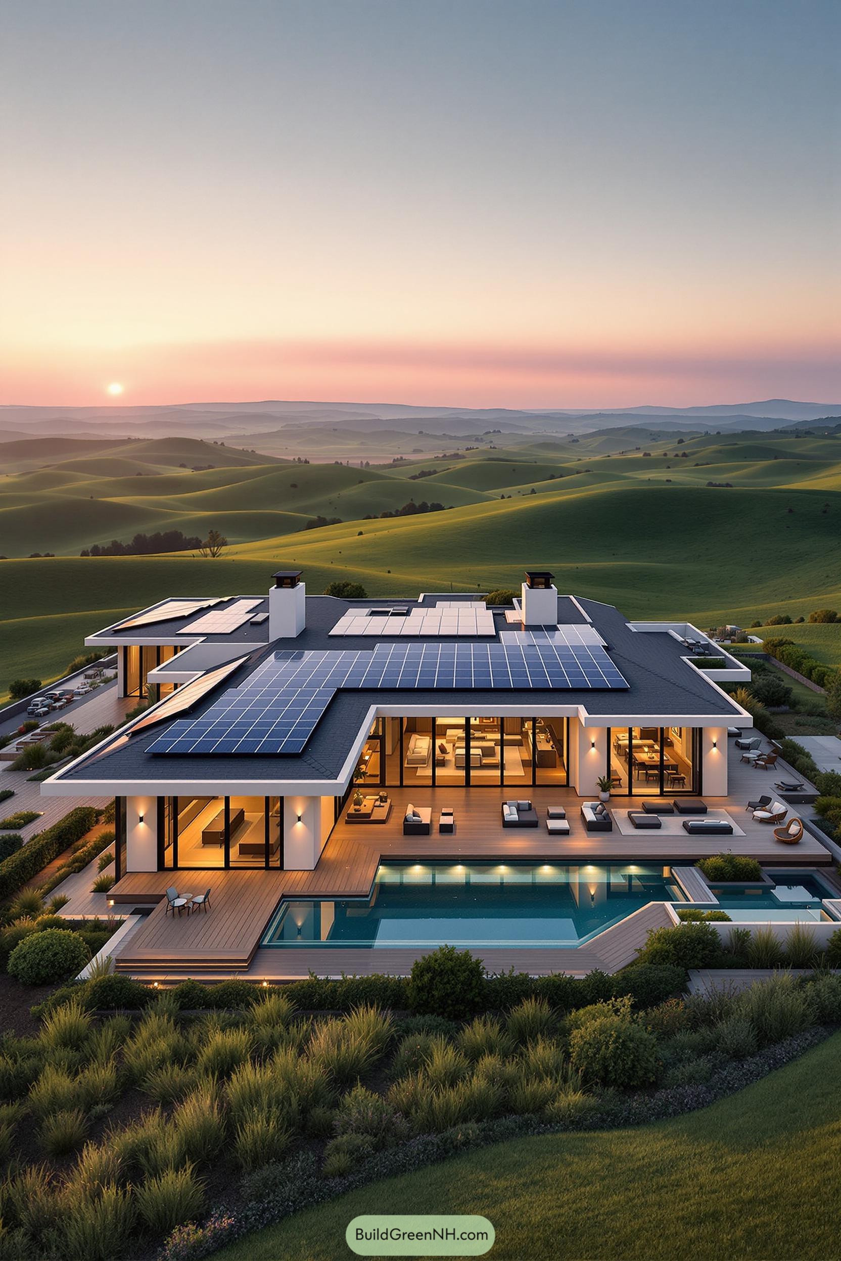 Luxurious ranch house with solar panels and infinity pool amidst rolling hills