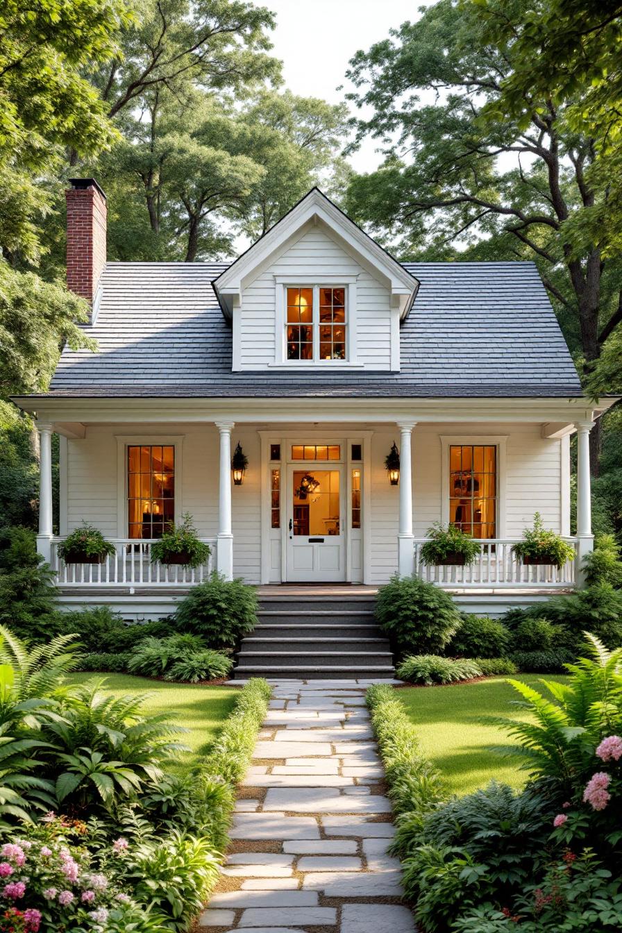 Cozy white cottage with a quaint front porch