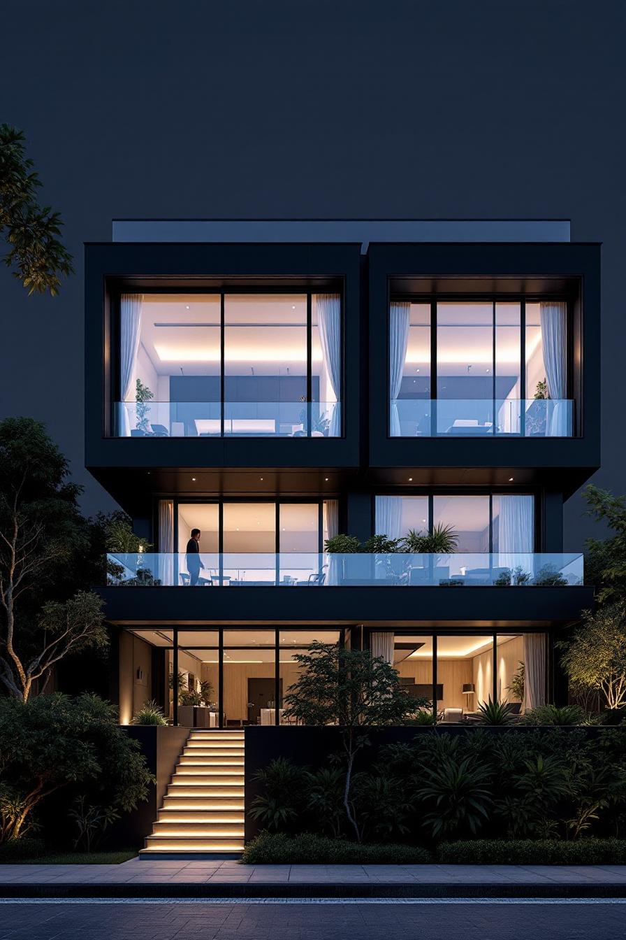 Modern black house with large glass windows illuminated at night