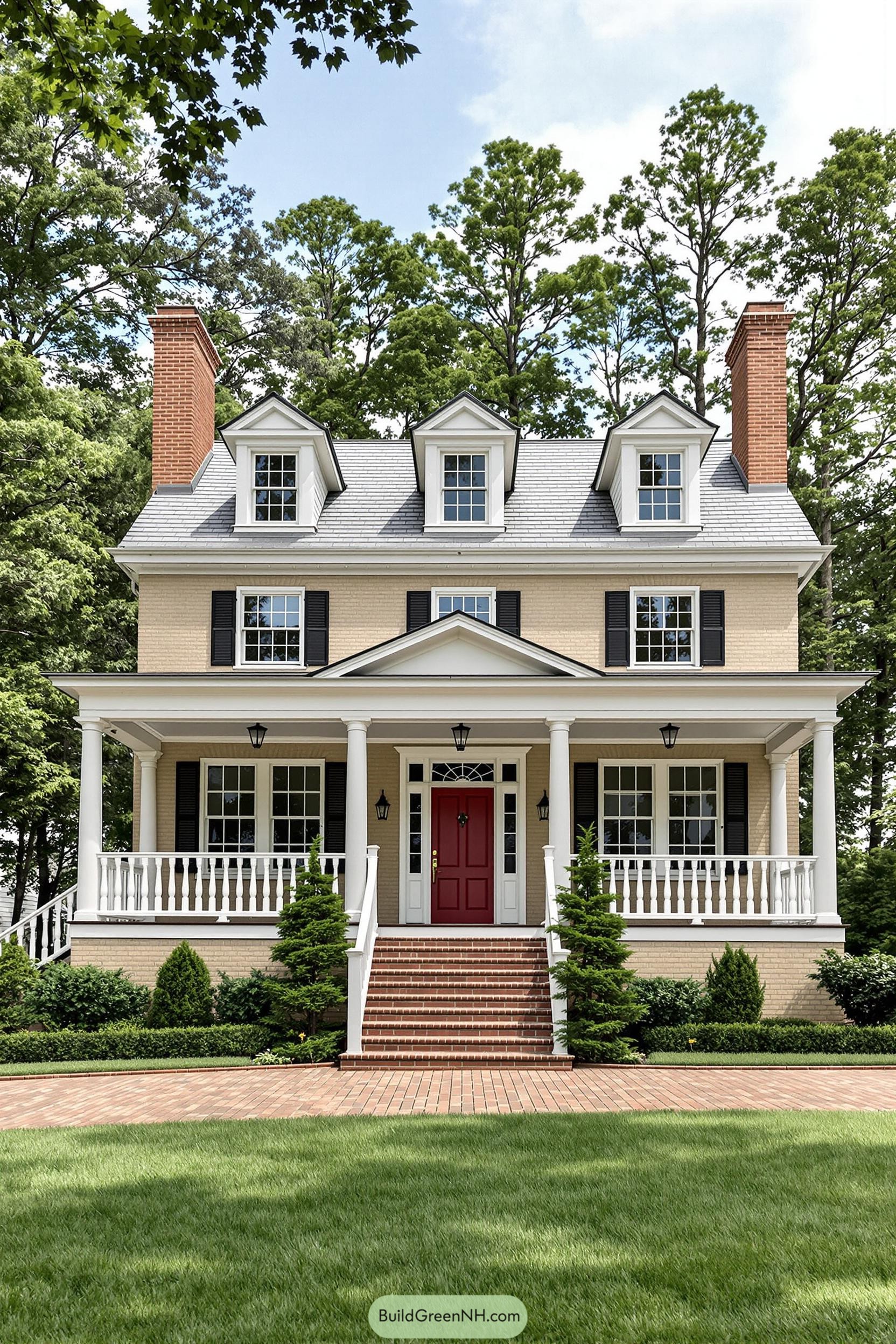 Classic colonial house with red door and black shutters