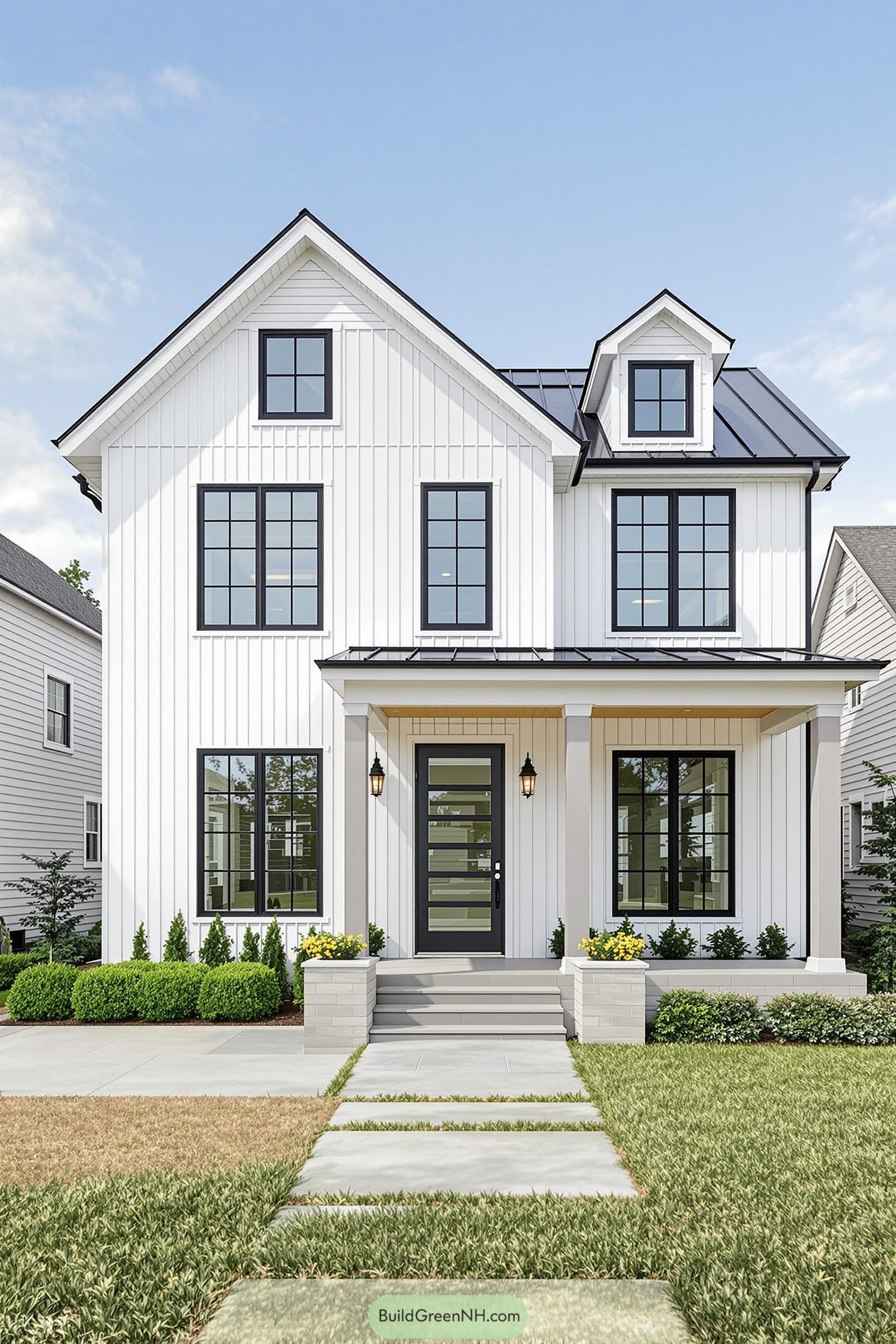 White farmhouse with black-framed windows and a stylish porch