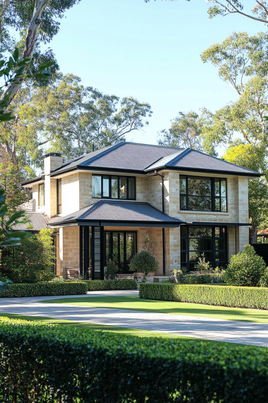 Two-story stone house surrounded by greenery and trees