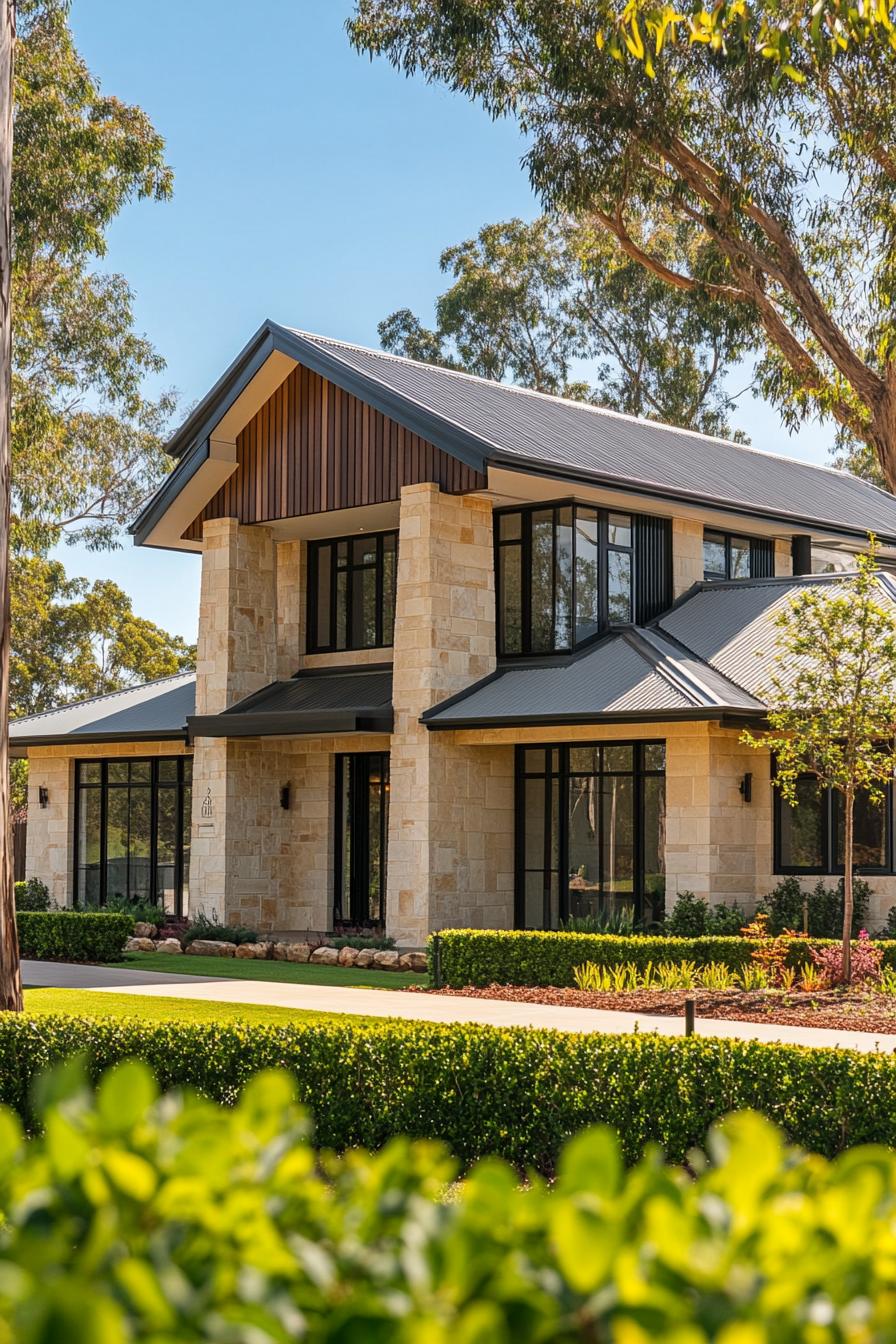 Modern house with large windows and stone facade, set among trees