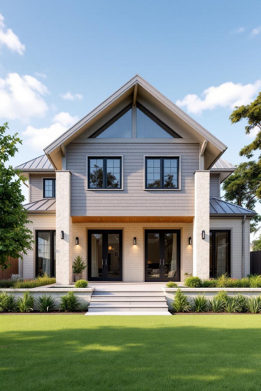 Modern country house with lush lawn and steps leading to a welcoming entrance