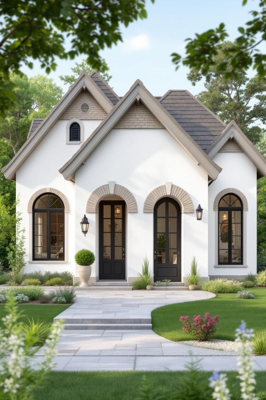 Bright white cottage with arched windows, black doors, and tidy landscaping