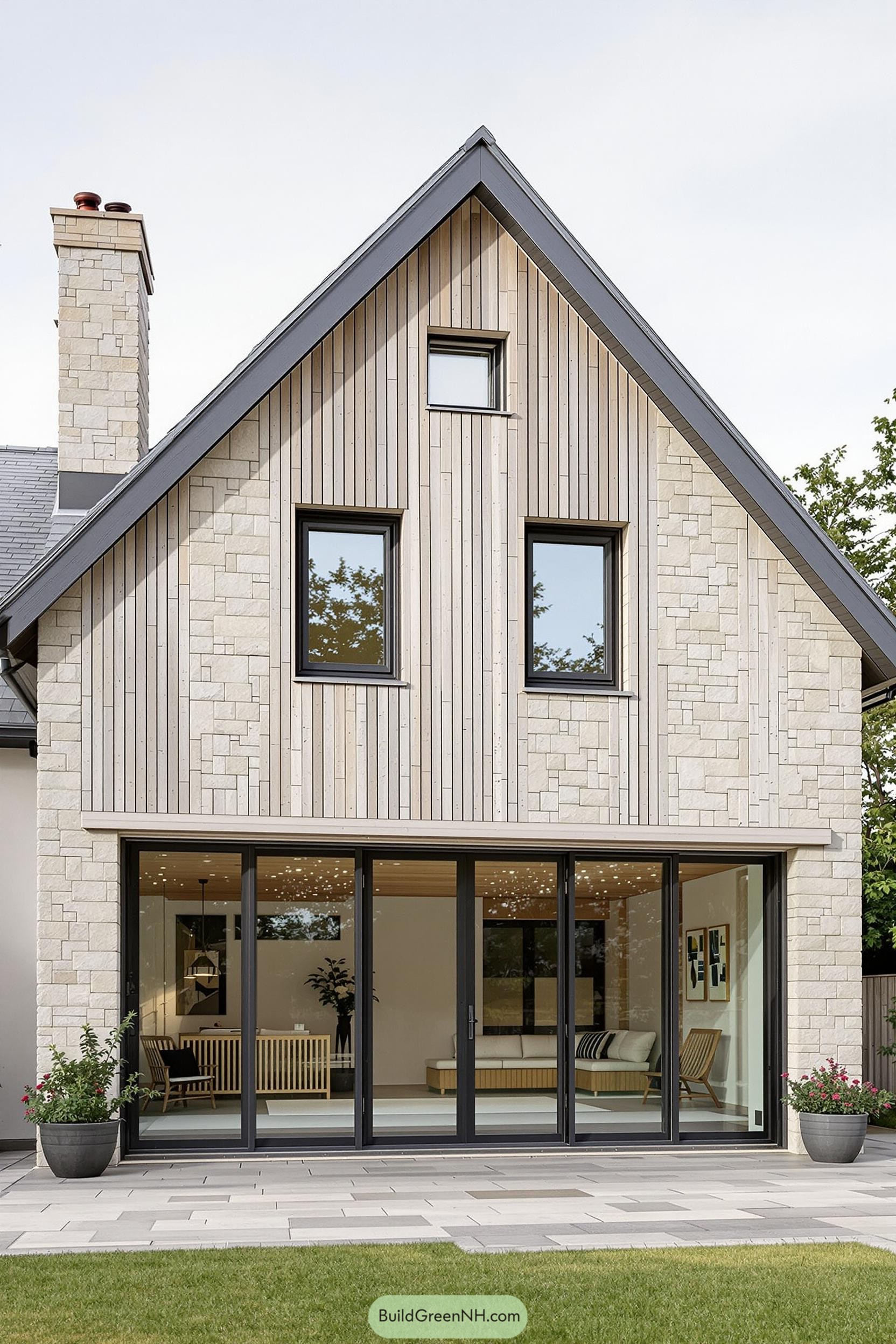 Modern gabled house with stone and wood facade