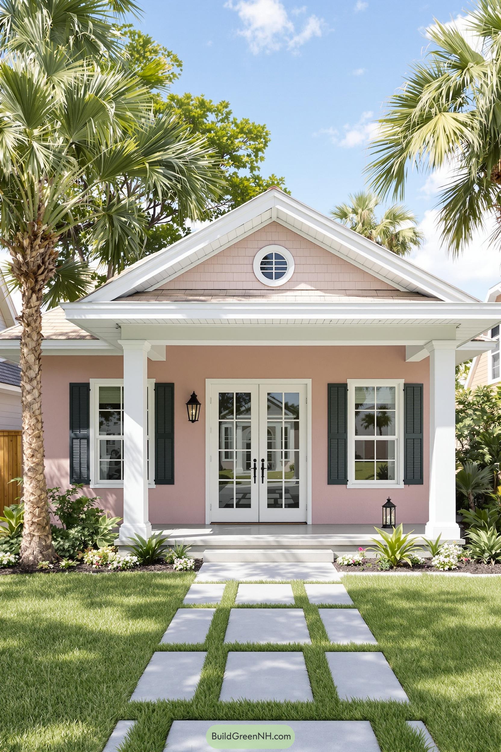 Charming pink bungalow surrounded by lush greenery and palm trees