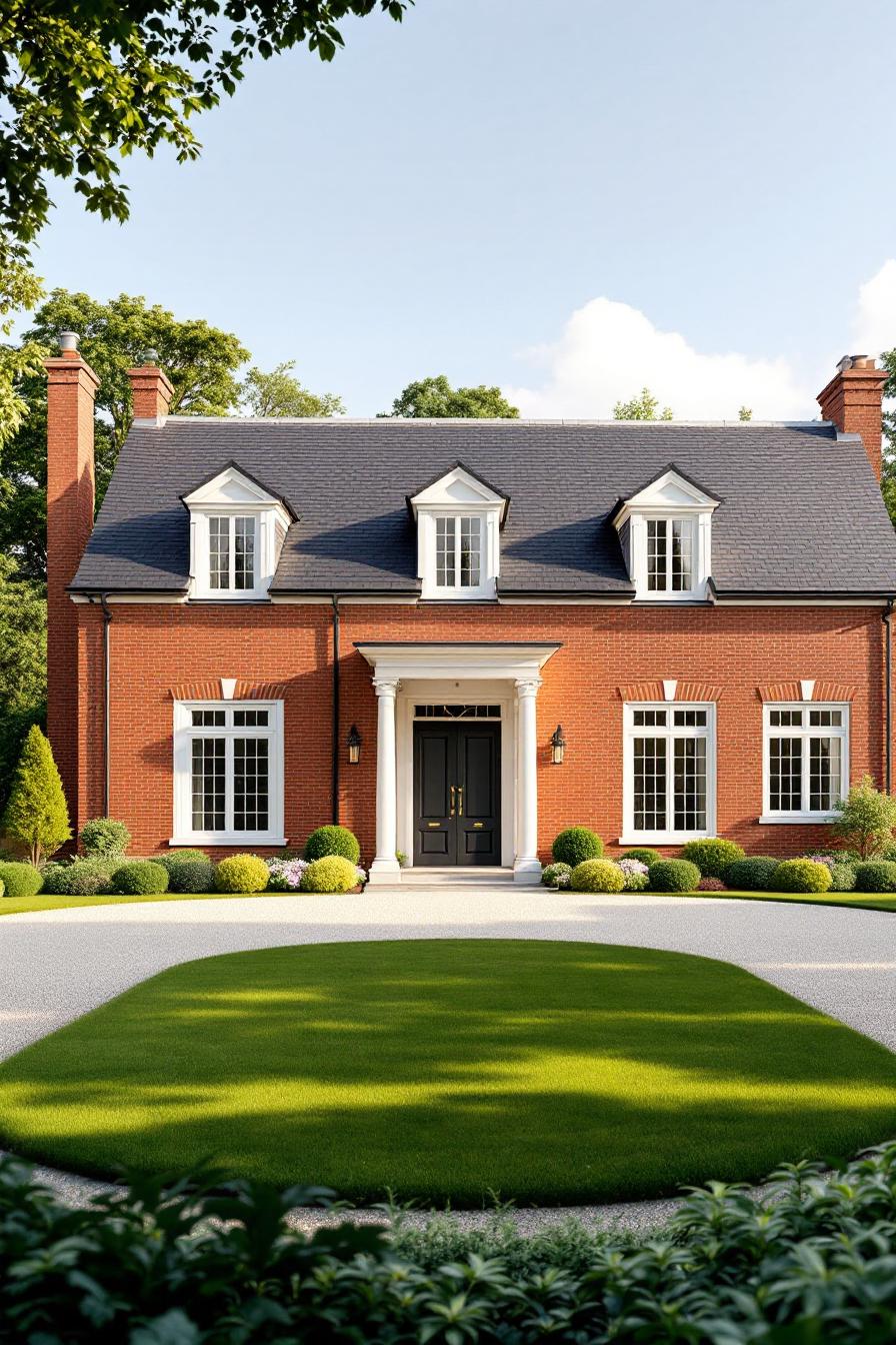 Symmetric Georgian house with lush front lawn