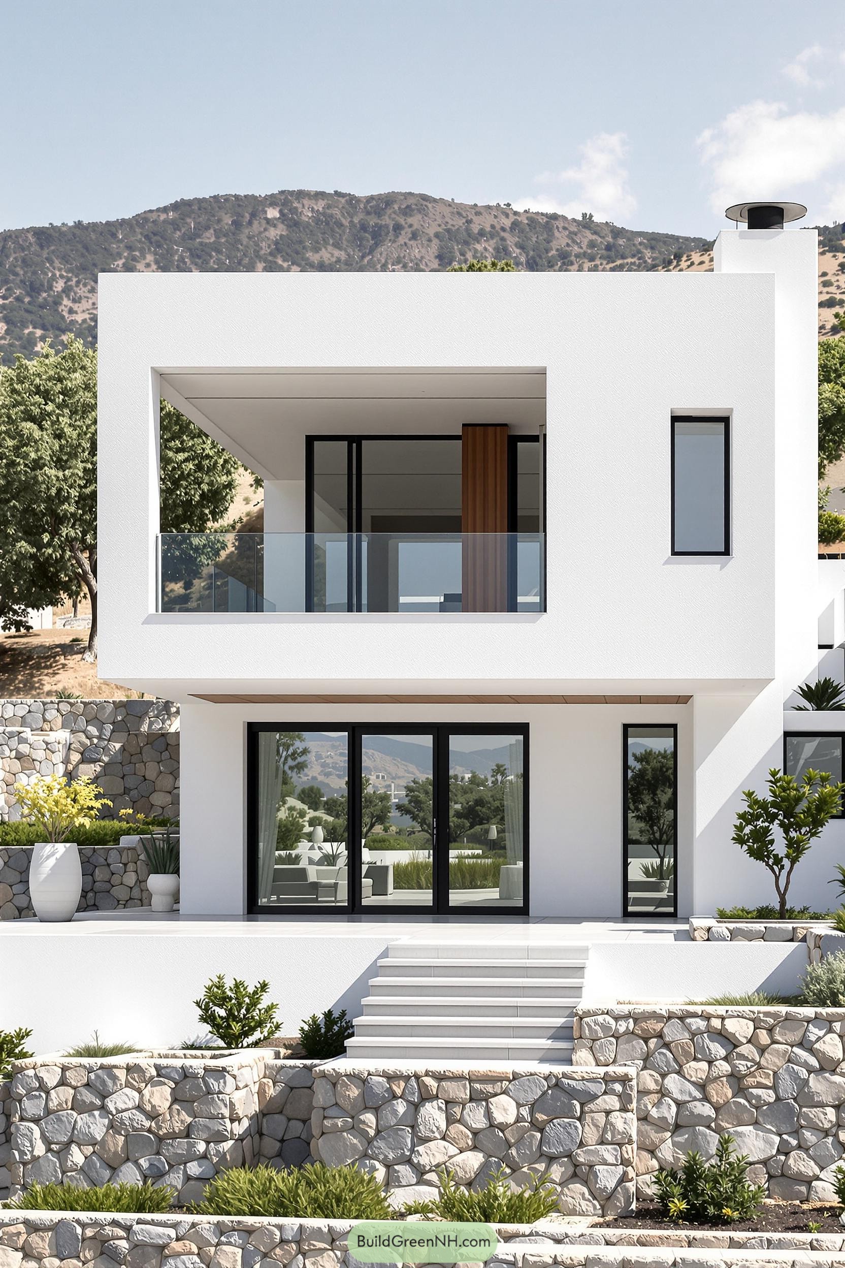 Sleek white cottage with mountain backdrop