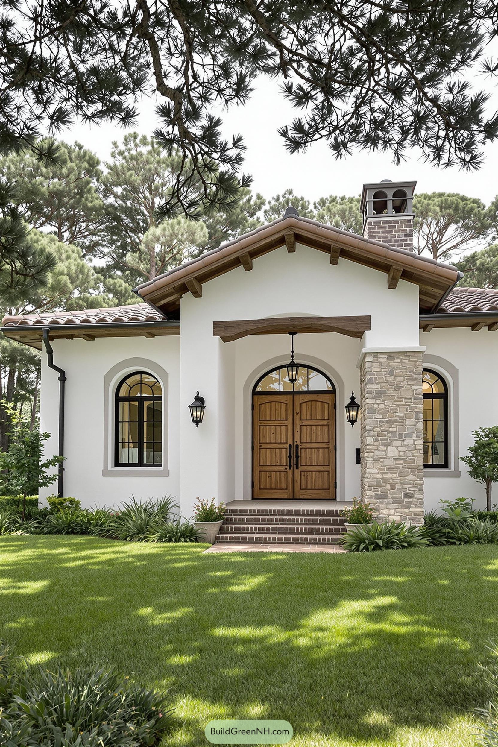 Charming Spanish-style house with arched windows and wooden door