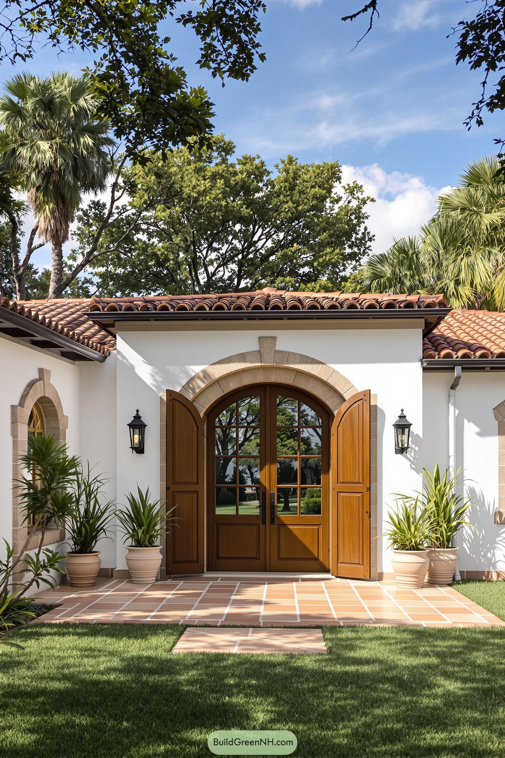Front view of a Tuscan cottage with wooden doors and terracotta tiles