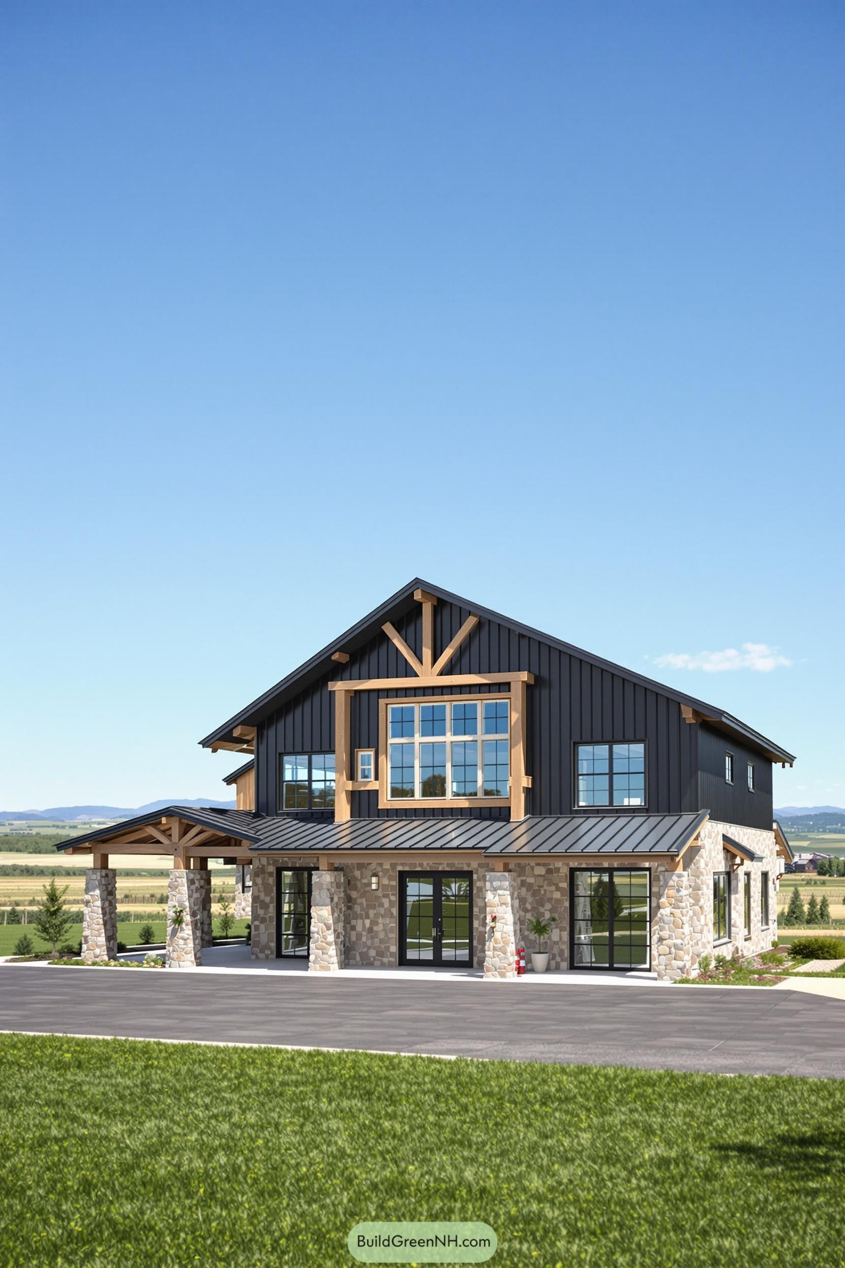 Modern barn with sleek black and stone exterior under a blue sky