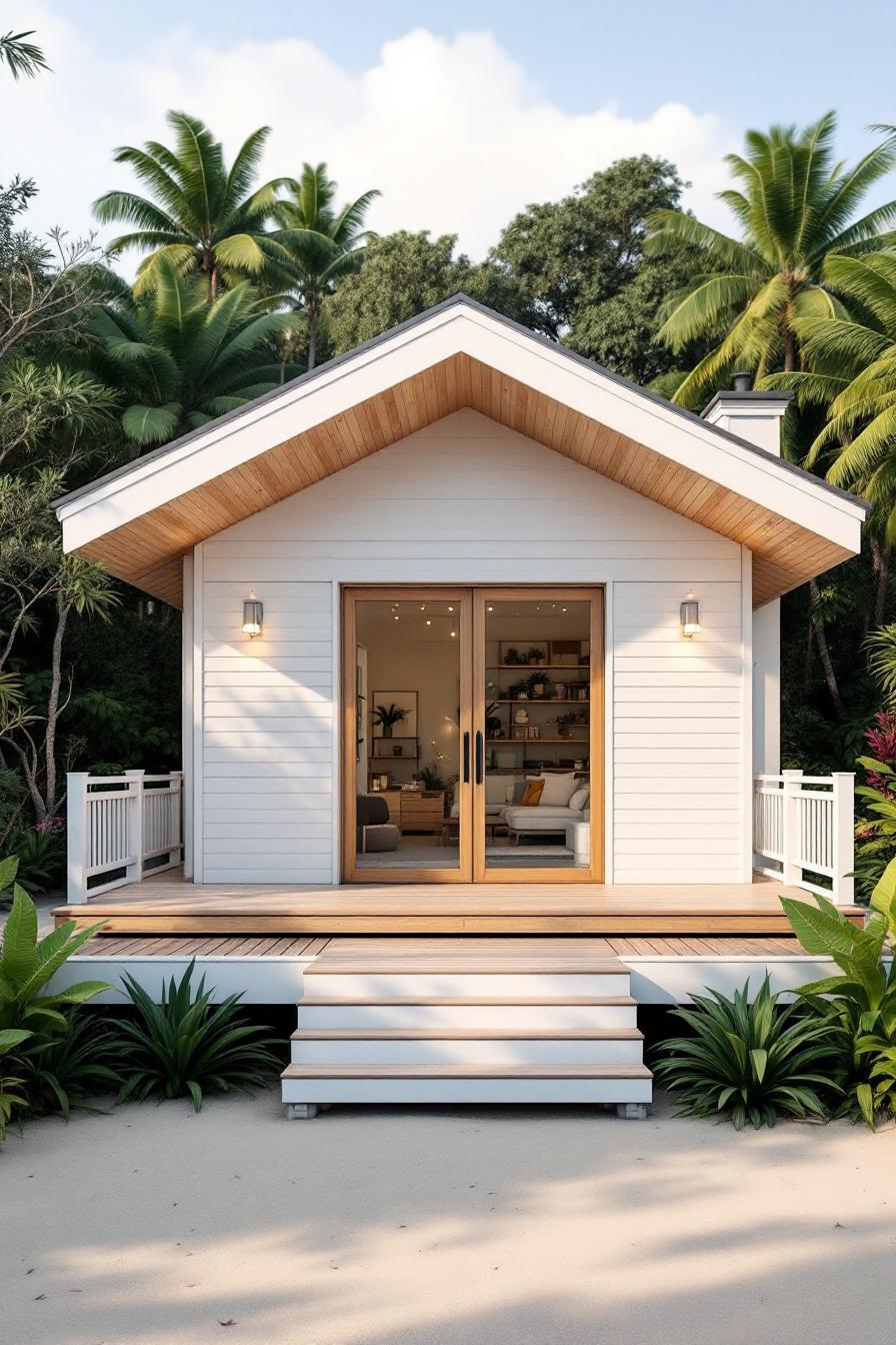 A small white beach shack with a wooden deck surrounded by lush greenery