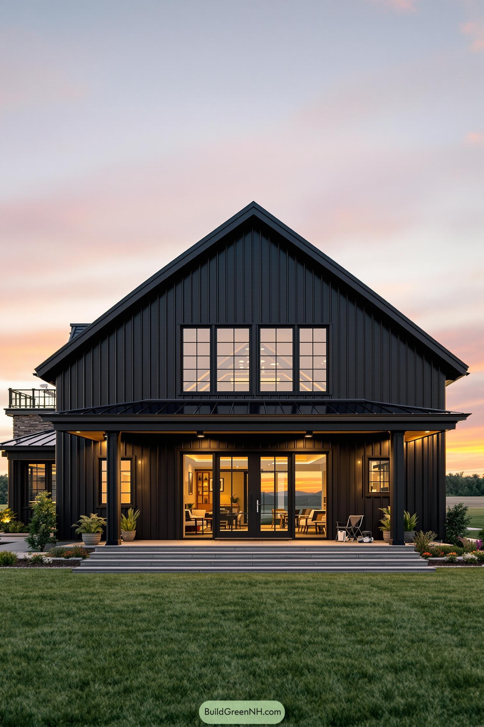 Modern black barndominium at sunset