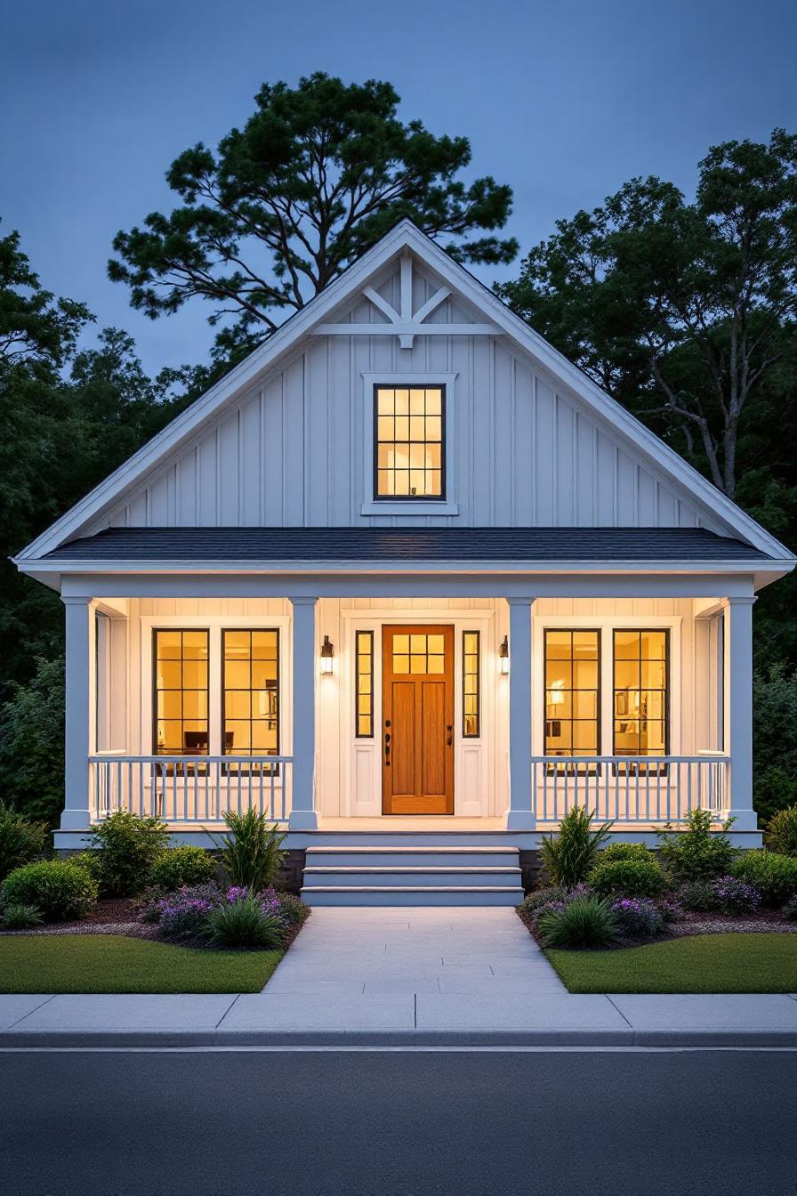 Charming white house with glowing windows and a wooden door, framed by lush greenery