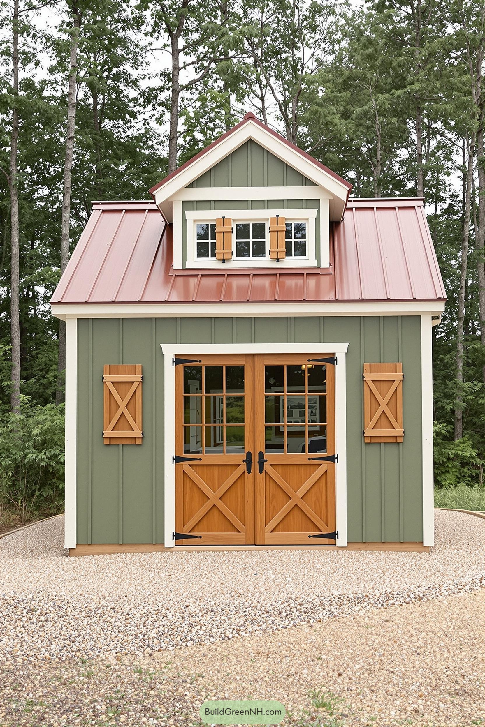 Charming green shed with wooden shutters and doors