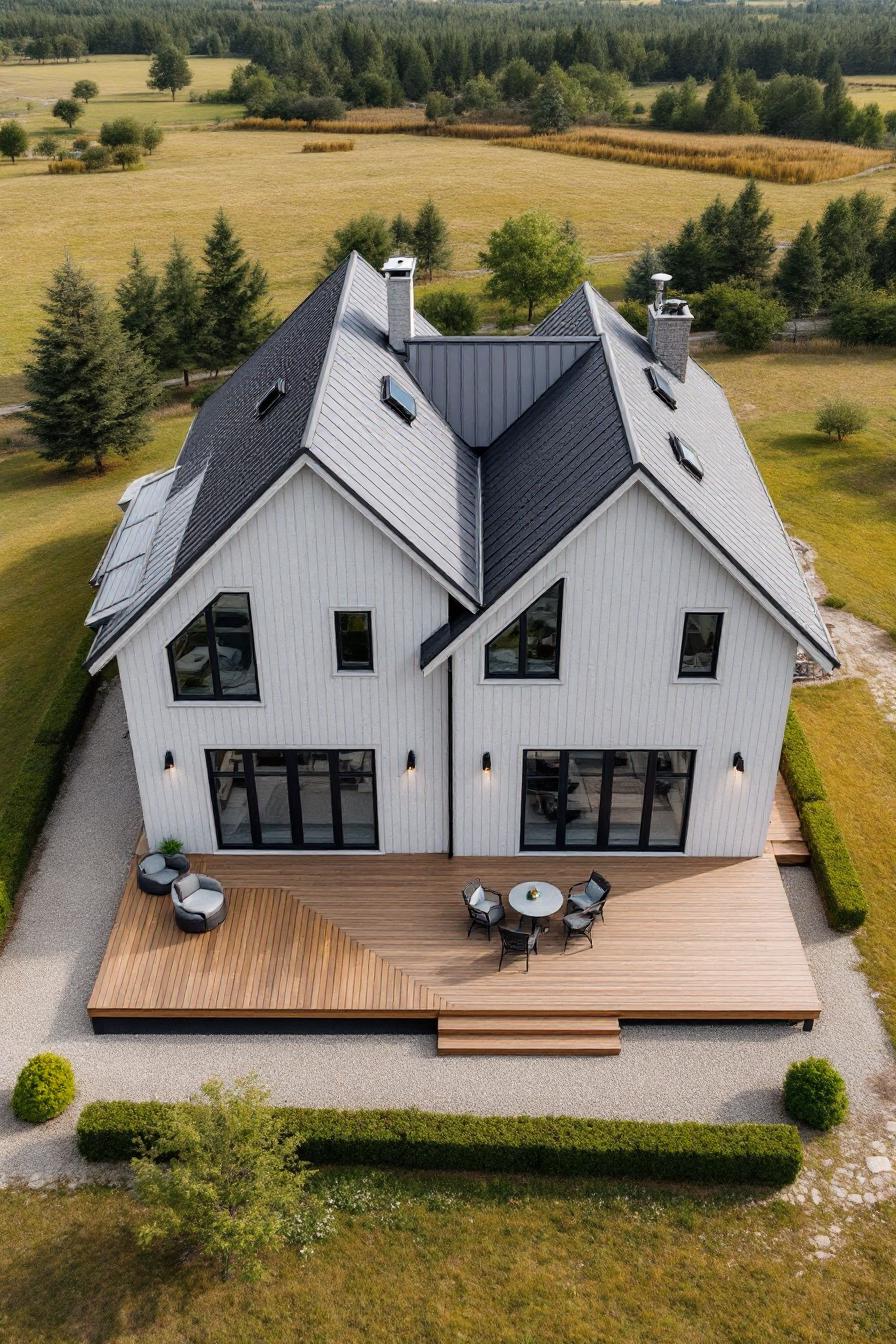 White farmhouse with black roof surrounded by fields