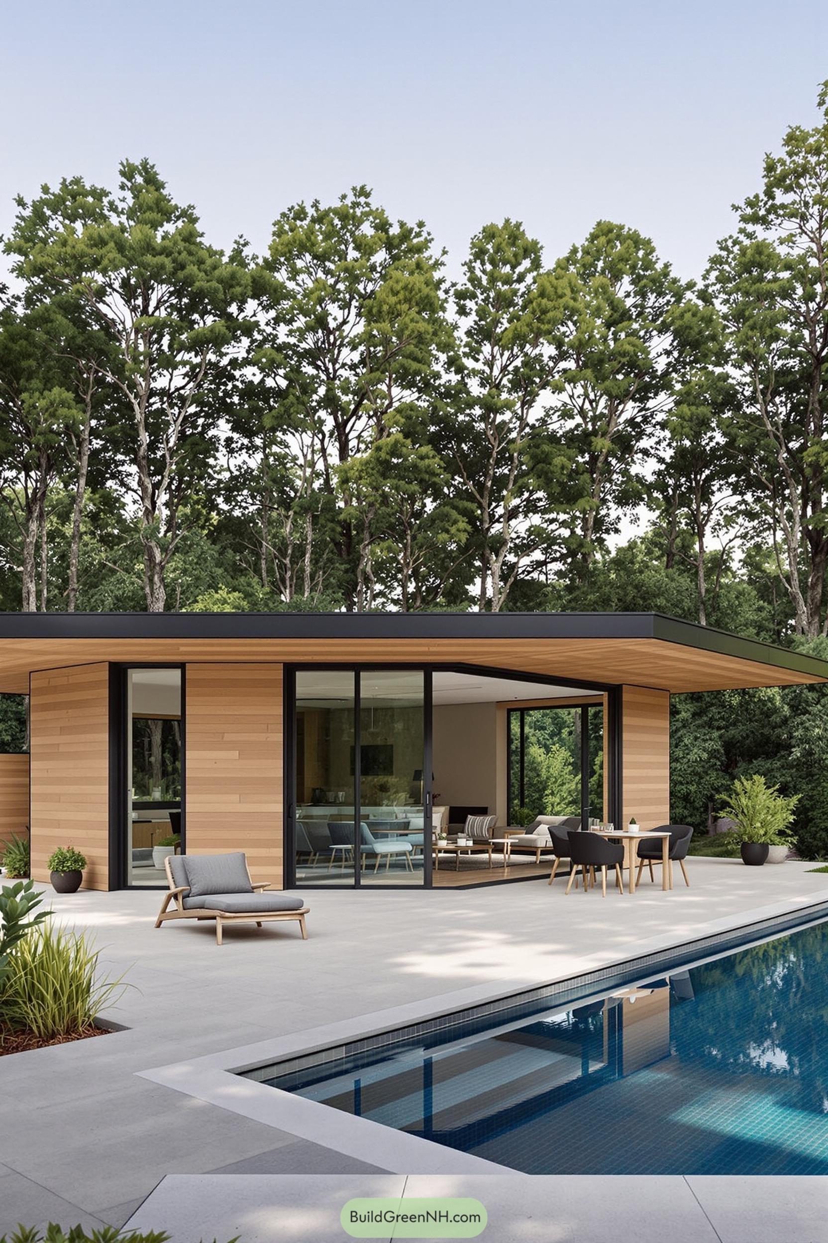 Contemporary pool house with large glass doors and outdoor seating