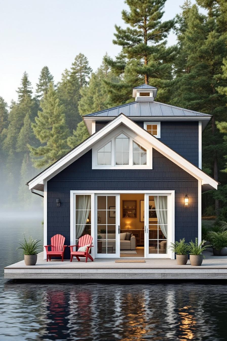Cozy lakehouse with red chairs on a deck