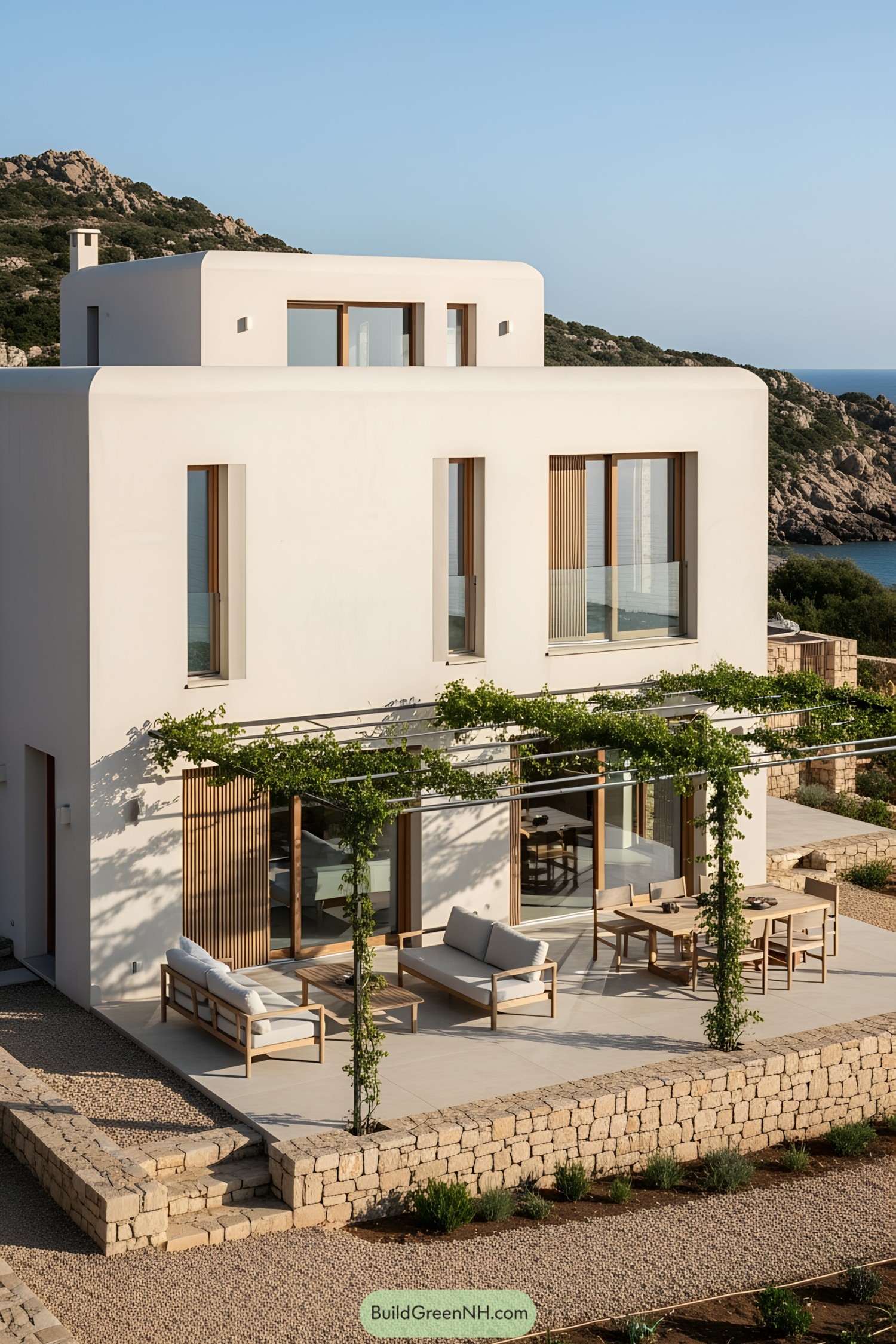 Modern white beachfront villa with lush greenery and outdoor seating