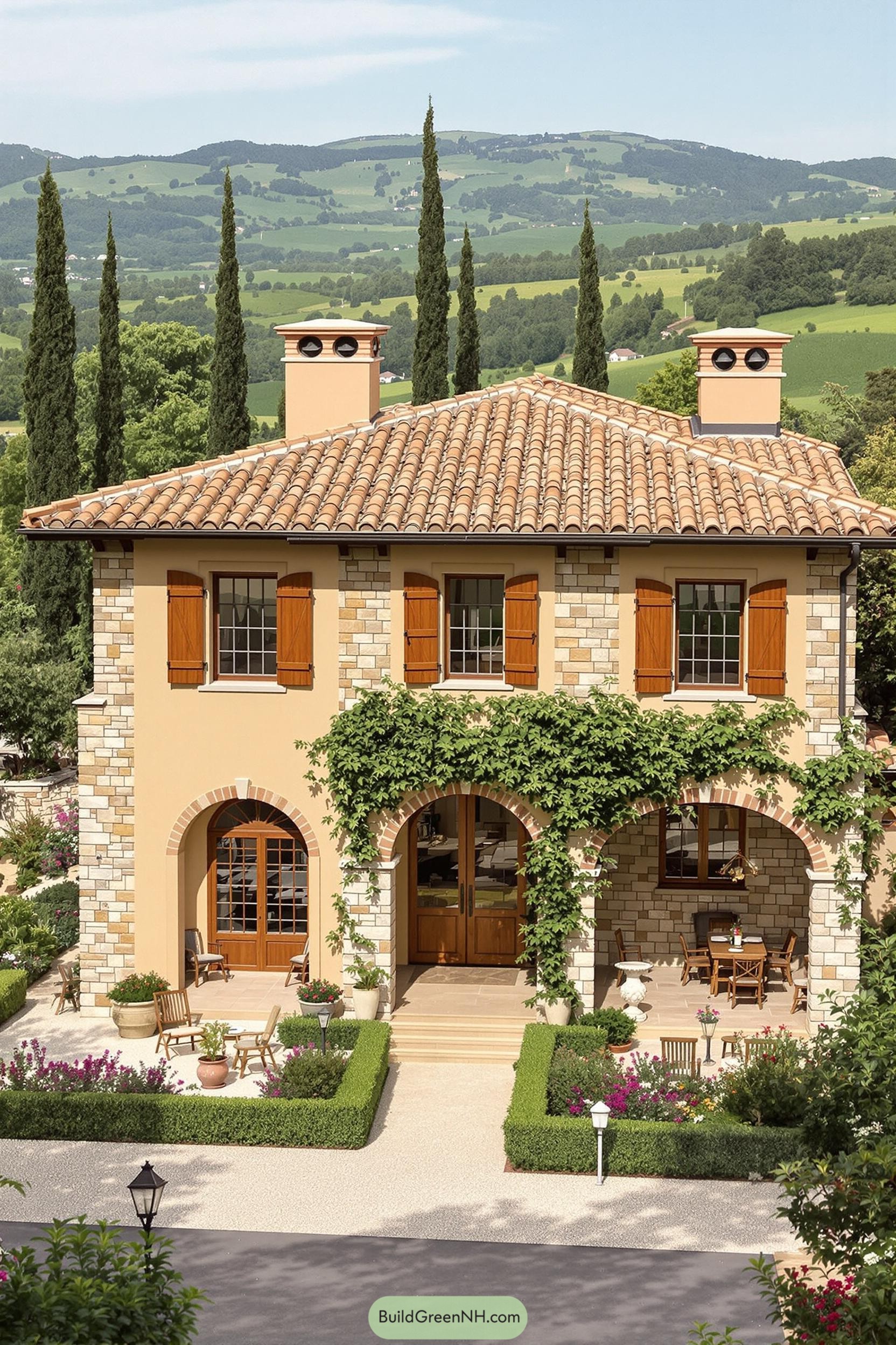 Charming stone house with lush greenery and open arches