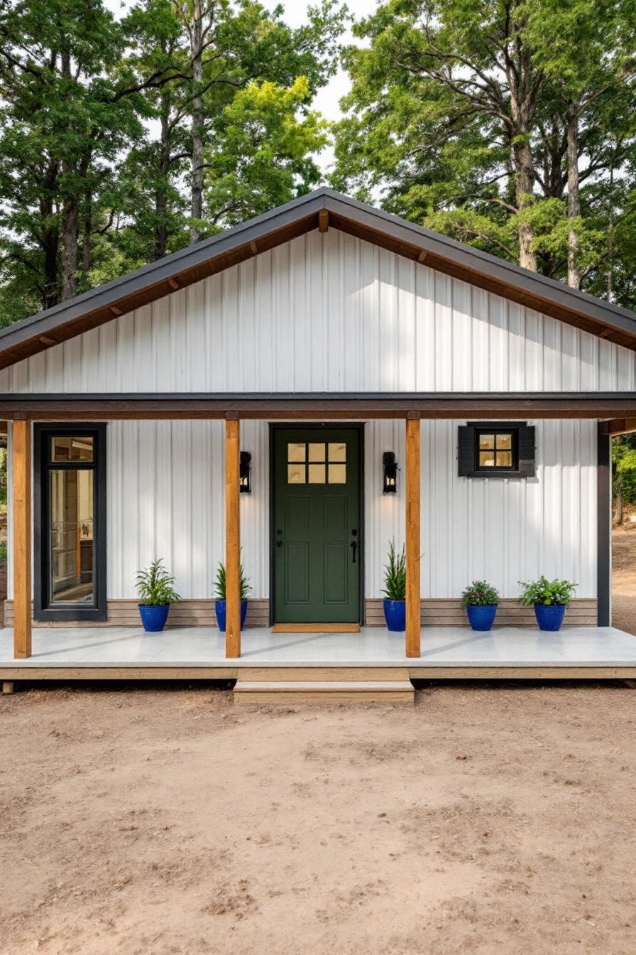 Small barndominium house with a green door and blue planters